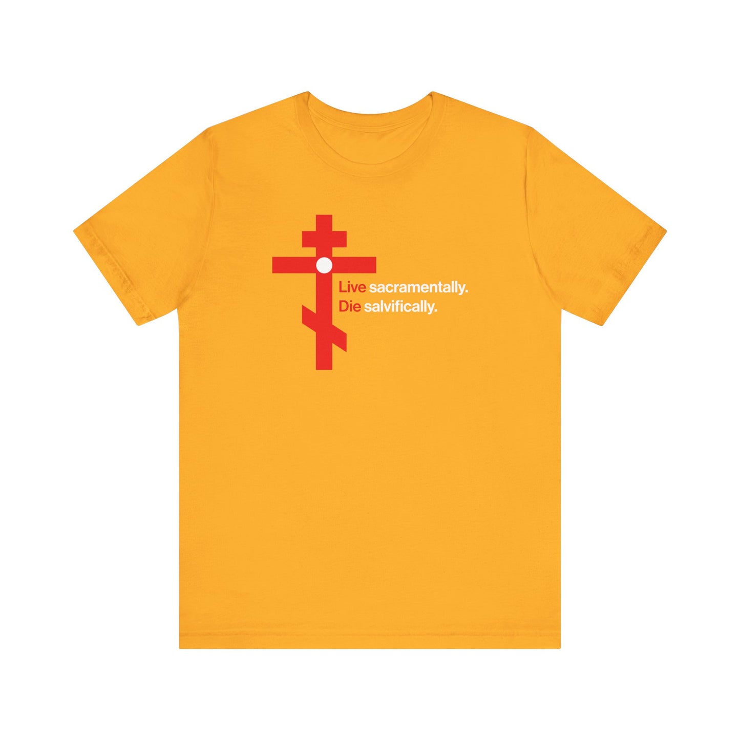 Live Sacramentally, Die Salvifically | Remember You Will Die | Memento Mori | Red Orthodox Cross White Circle | Lightweight Cotton Unisex Tee