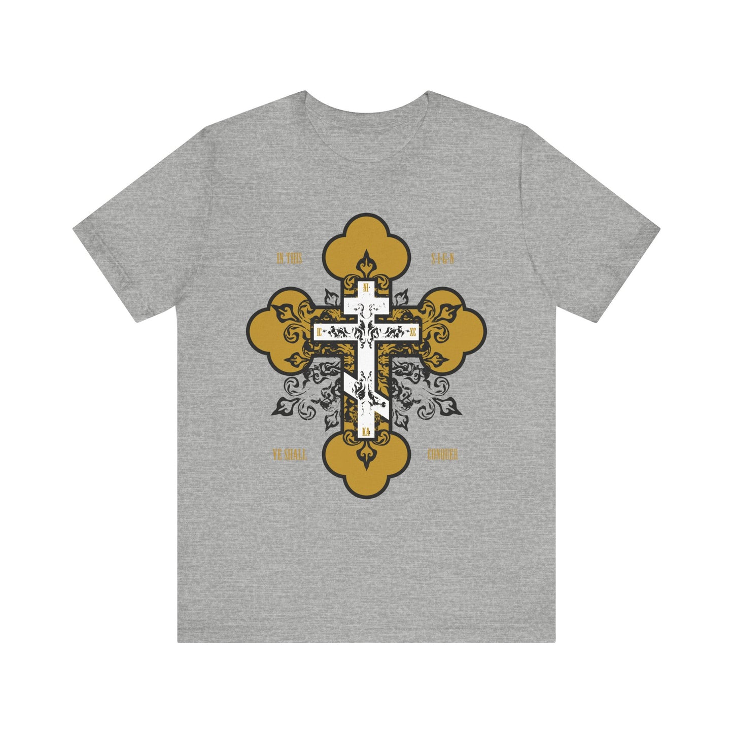 Athletic Heather unisex tee featuring an ornate gold and white Orthodox cross with decorative elements, inspired by "In Hoc Signo Vinces"—In This Sign Ye Shall Conquer. Lightweight cotton for comfort and style.