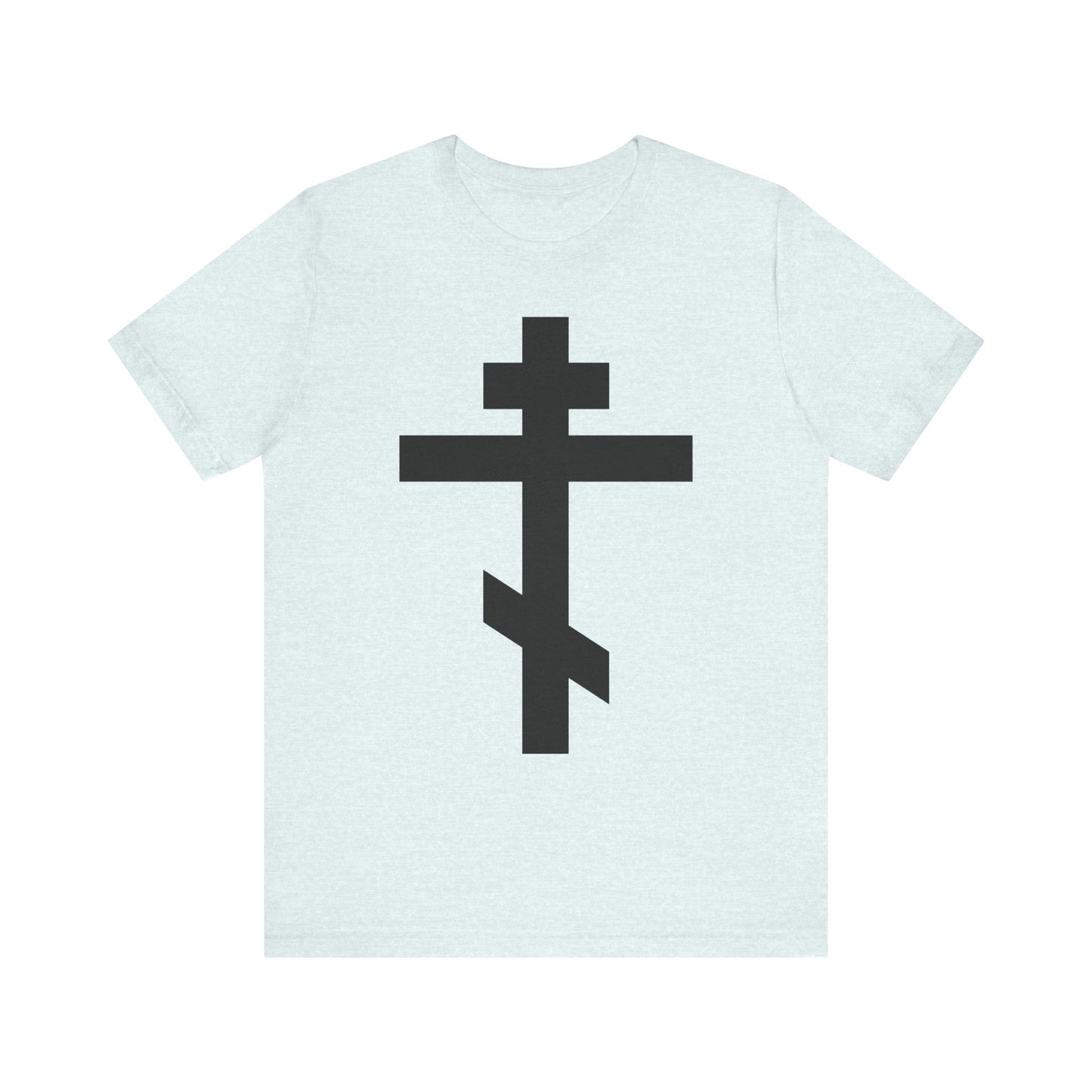 Heather Ice Blue unisex tee with a large black Orthodox cross and "He bore our sins on the cross so that we might die to sin & live to righteousness" design, inspired by St John Chrysostom. Lightweight cotton.
