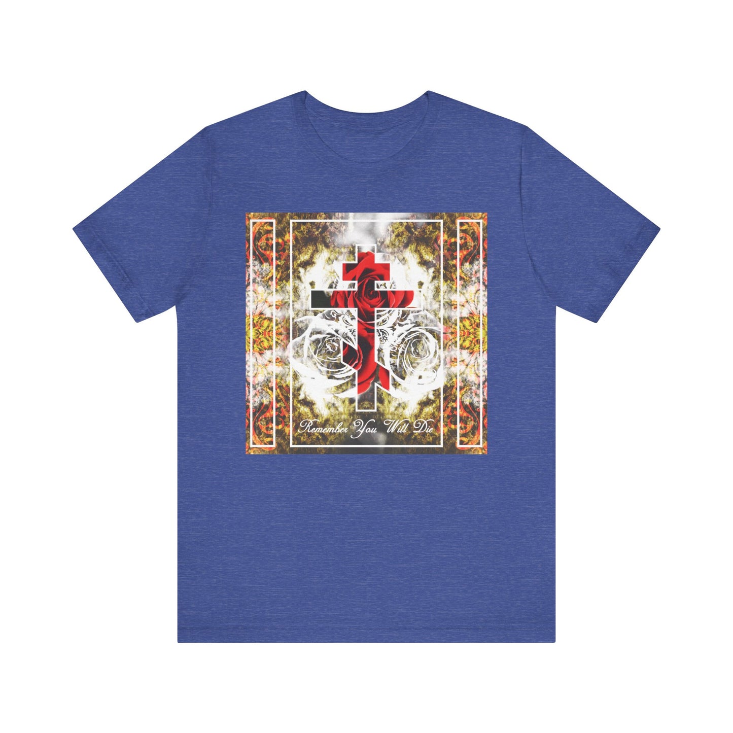 Certainly! Here’s a rewritten sentence using your product data: The Remember You Will Die Elegant Font unisex tee in Heather True Royal features an ornate Orthodox cross with roses and a floral texture alongside the phrase “Memento Mori” on the front; crafted from lightweight cotton, this classic short sleeve shirt offers maximum comfort with a Christian-inspired design.
