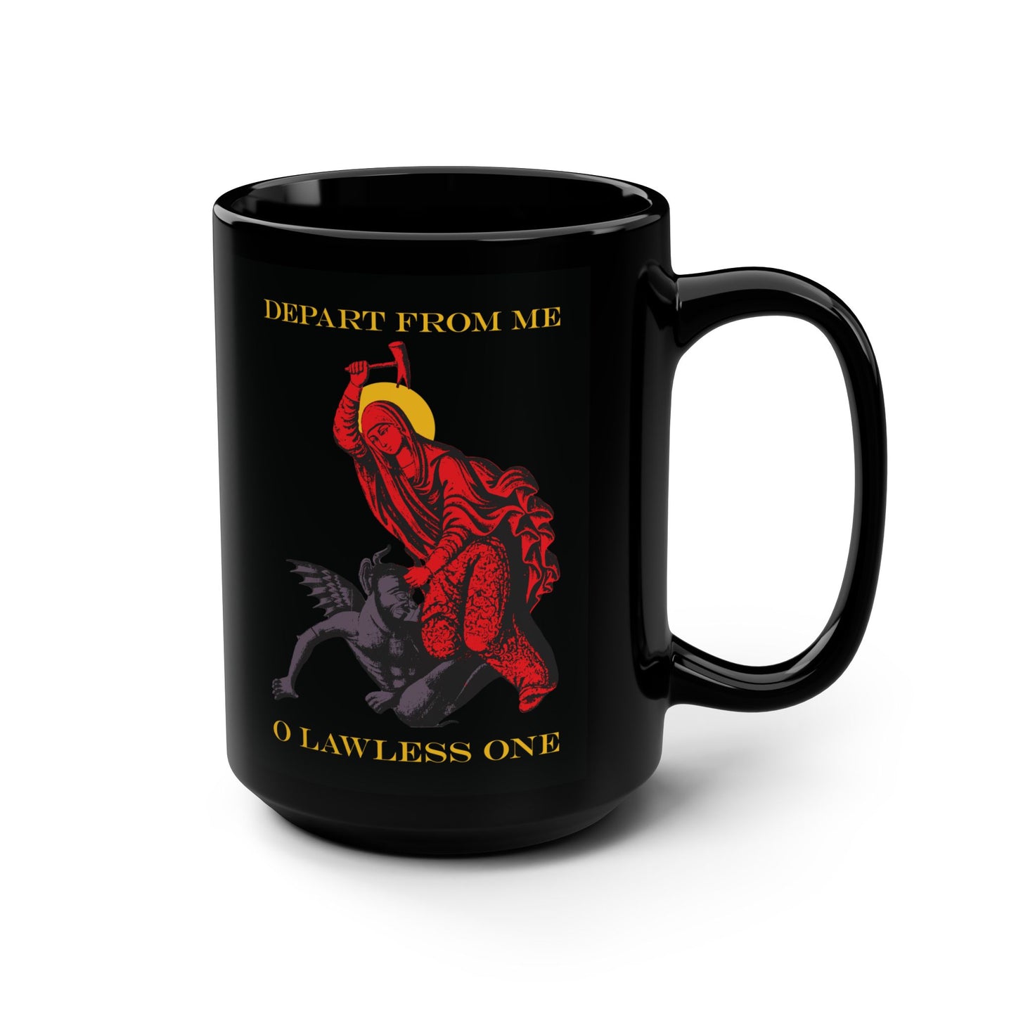 St Marina IconoGraphic (Depart from Me O Lawless One) | Saint Beating the Devil with a Hammer | Orthodox Christian Black Mug