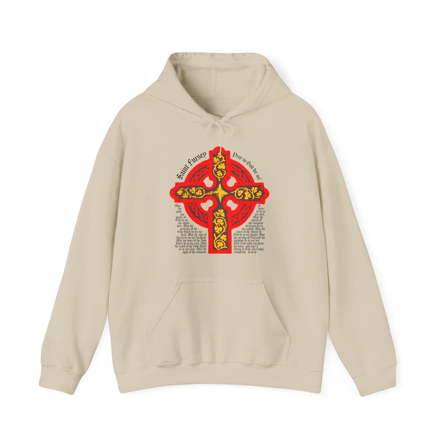 Sand-colored hoodie featuring a red and yellow Celtic cross and decorative text of the Lorica Shield Prayer of St Fursey, inspired by Prayers from the Ancient Celtic Church.