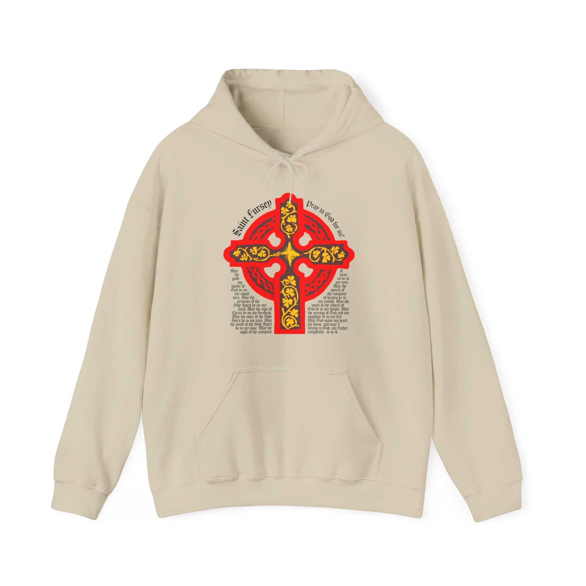Sand-colored hoodie featuring a red and yellow Celtic cross and decorative text of the Lorica Shield Prayer of St Fursey, inspired by Prayers from the Ancient Celtic Church.
