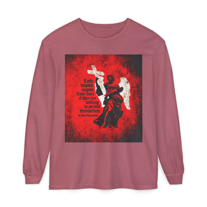 Little Divides Angels from Men | Christian Perfection | St John Chrysostom | Textured Cemetery Angel | Orthodox Christian Long Sleeve Shirt