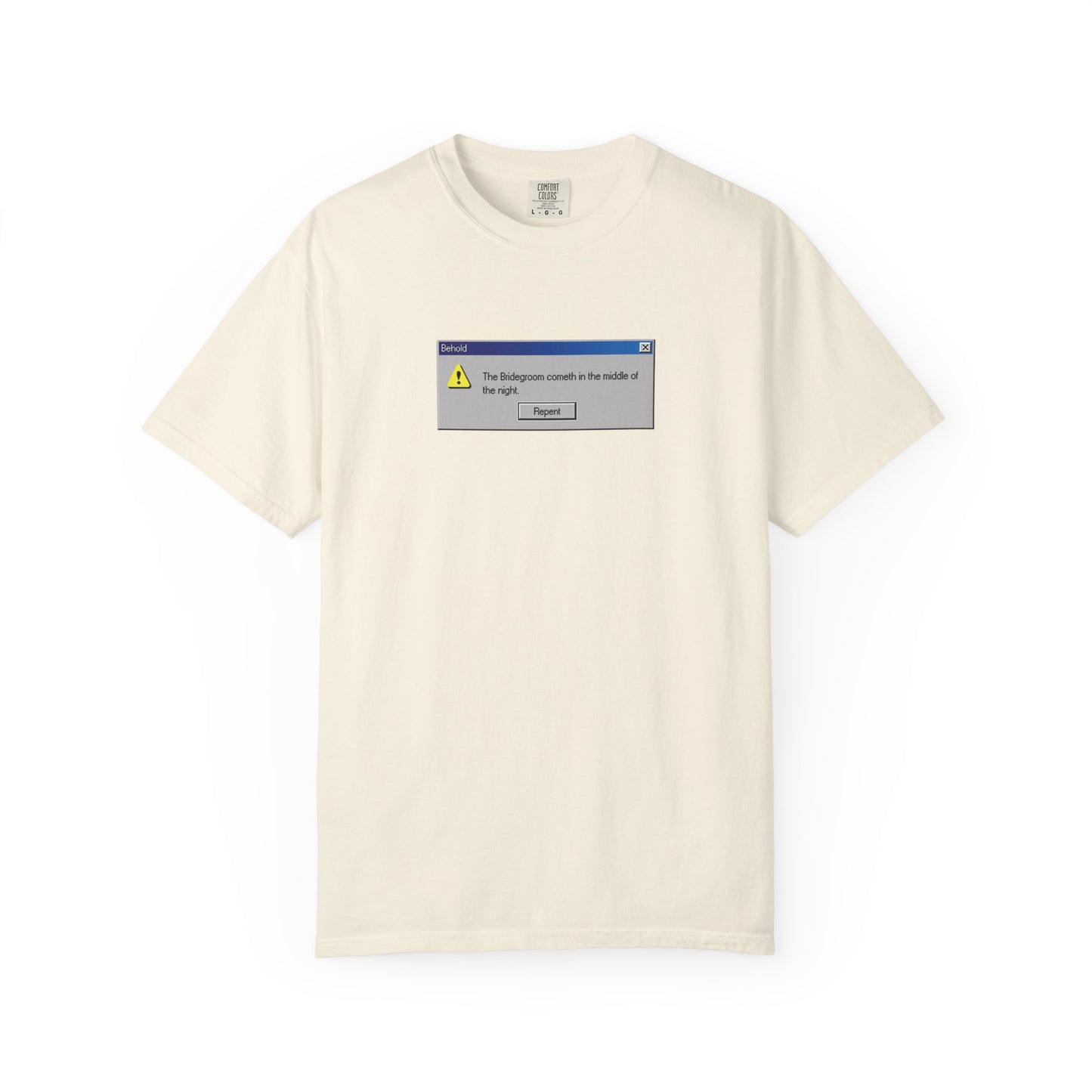 Ivory T-shirt featuring the “Behold the Bridegroom” Windows error message design—an eye-catching homage for Orthodox Christians, blending playful tech flair with a call to repentance.