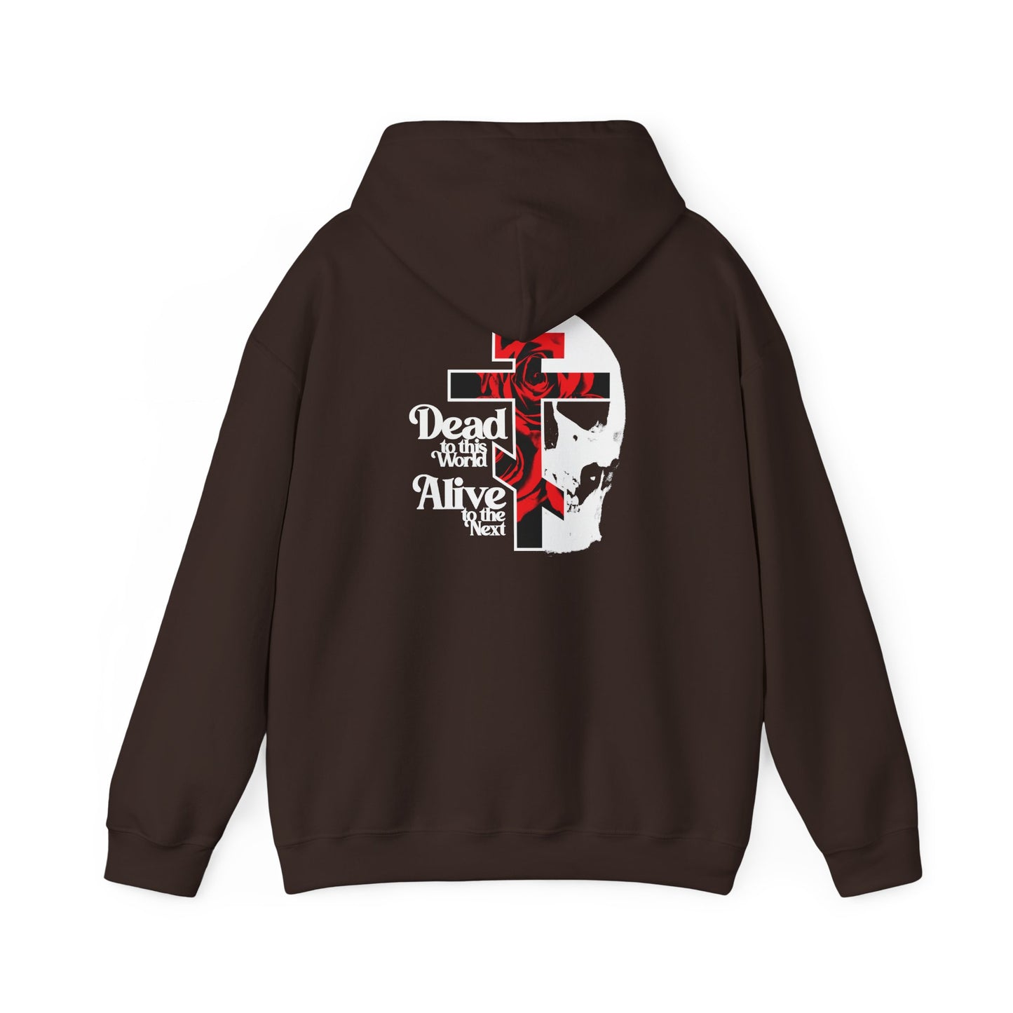Dark Chocolate “Dead to this World” BACK DESIGN Orthodox Christian Hoodie featuring a bestselling 70s typography with a floral cross, skull, and rose motif. The back displays the text “Dead to this world, Alive with Christ,” inspired by The Ladder of Divine Ascent and symbolizing renunciation of worldly things.