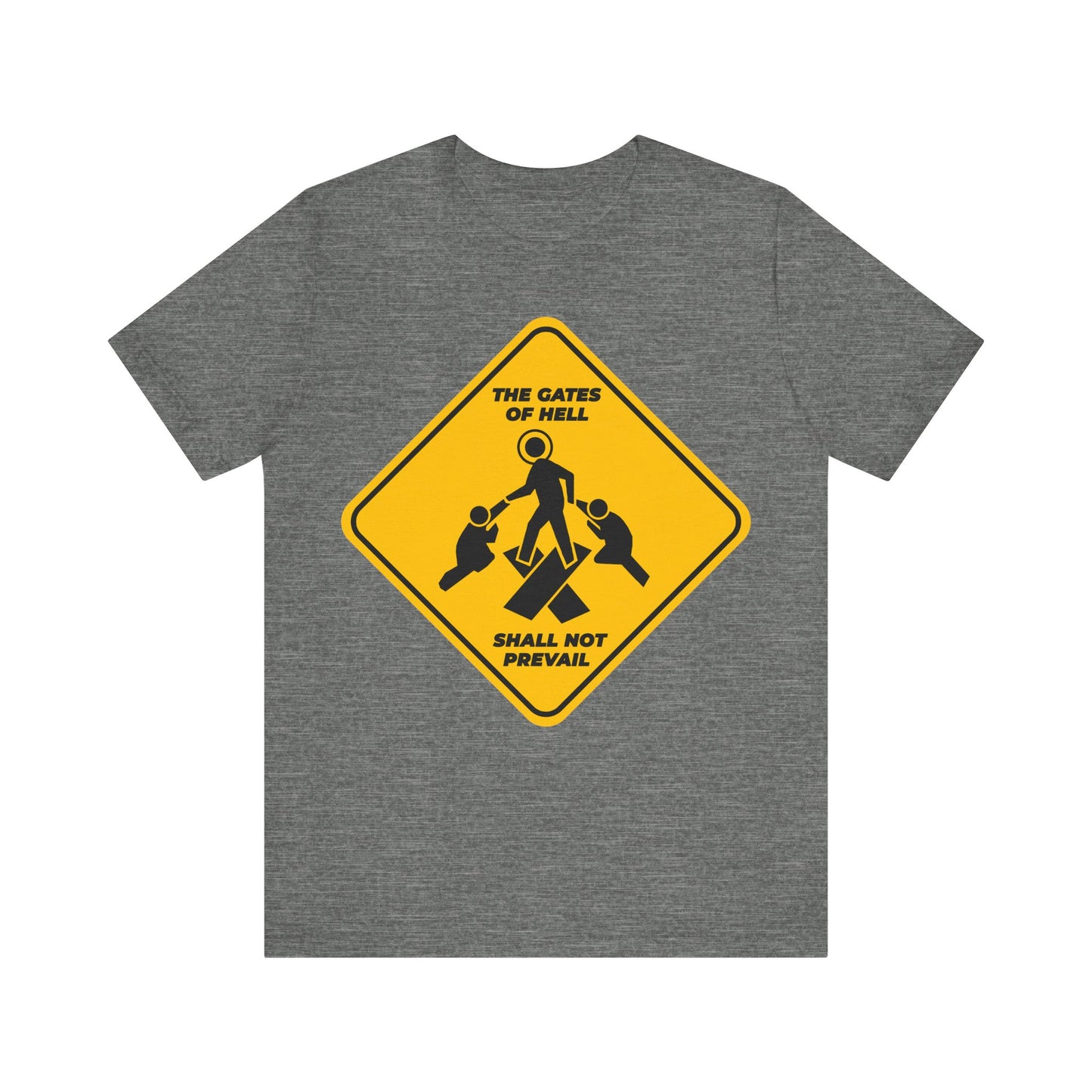 Gates of Hell Shall Not Prevail | Yellow Street Sign Minimalist Pascha Icon | Trampling Down Death By Death | Lightweight Cotton Unisex Tee