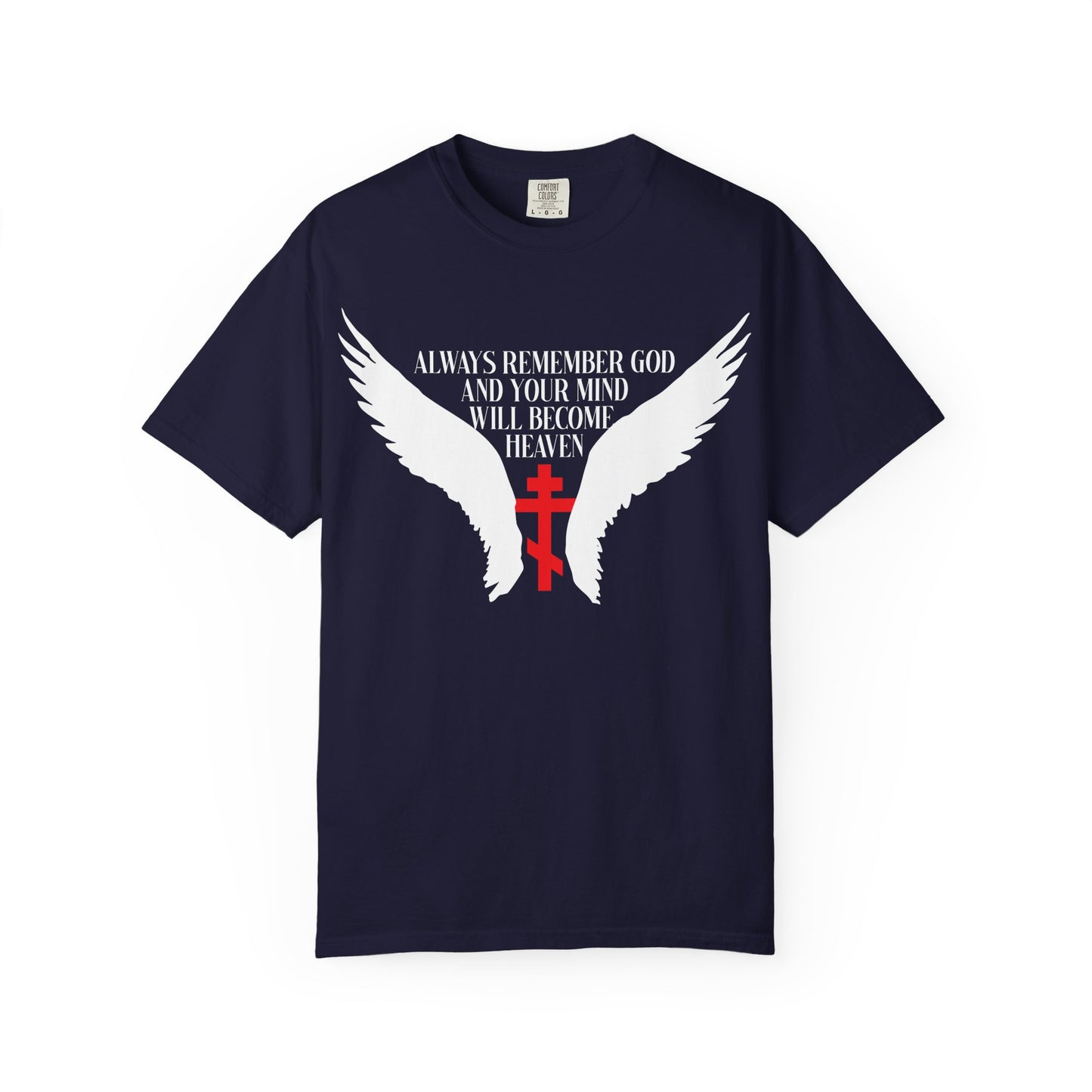 True Navy heavyweight cotton unisex tee featuring white angel wings, a red Orthodox cross, and the phrase “Always Remember God and Your Mind Will Become Heaven,” inspired by the teachings of St. Neilos the Ascetic.