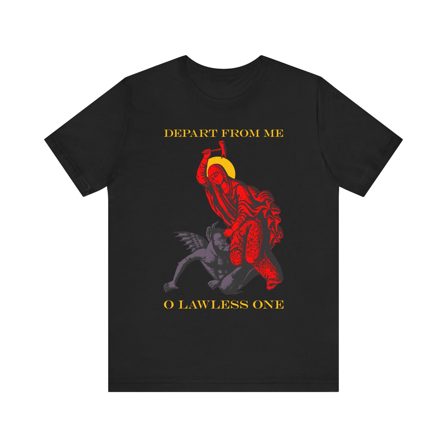 Black “St Marina IconoGraphic” tee featuring a red-robed saint beating the devil with a hammer and yellow “DEPART FROM ME O LAWLESS ONE” text, inspired by St. Margaret of Antioch. Lightweight unisex cotton shirt.
