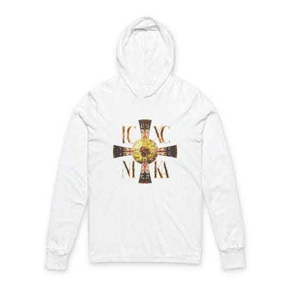 ICXC NIKA Celtic Style Equal Armed Cross | Bright Solar Texture | Orthodox Long Sleeve Hooded Shirt
