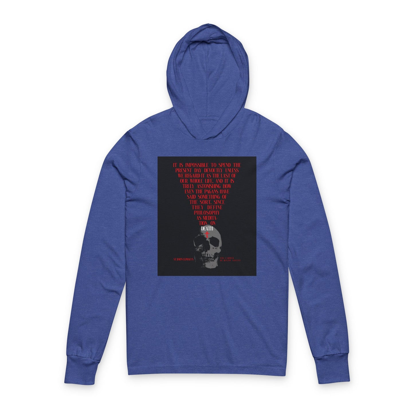 Heather True Royal hoodie featuring a black square with a skull and red Orthodox cross, plus red text inspired by memento mori and St John Climacus’s “The Ladder of Divine Ascent.”.