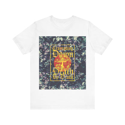 Trampling Down Death By Death | Paschal Floral Design with Gothic Script and Three-Bar Cross | Orthodox Christian T-Shirt