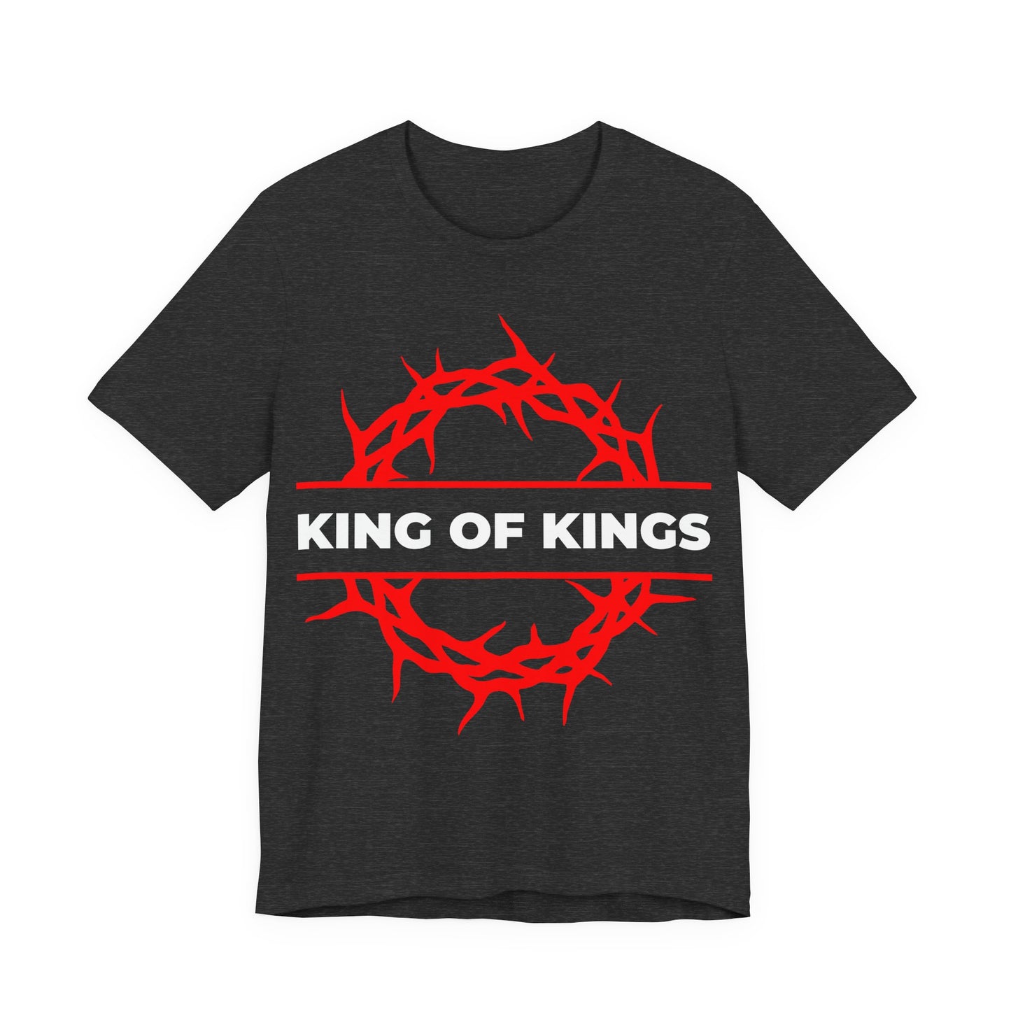 Dark Grey Heather unisex tee featuring a red crown of thorns and “KING OF KINGS” in white, inspired by Revelation 19:16—The King of Glory rides forth. Orthodox Christian cotton shirt.