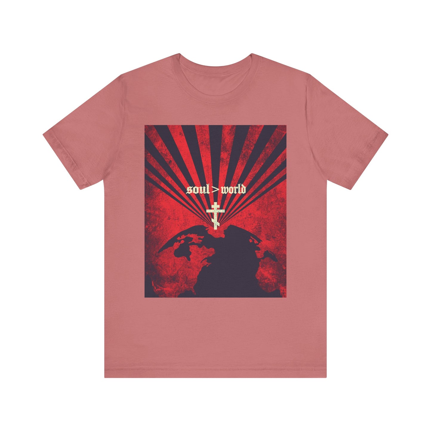 Mauve "What Shall it Profit a Man" lightweight cotton unisex tee featuring a red earth design with a white cross, world map, and rays, displaying the message "Soul Is Greater Than World"—inspired by Jesus’ teachings in Matthew 16:26 to take up his cross and follow Him.