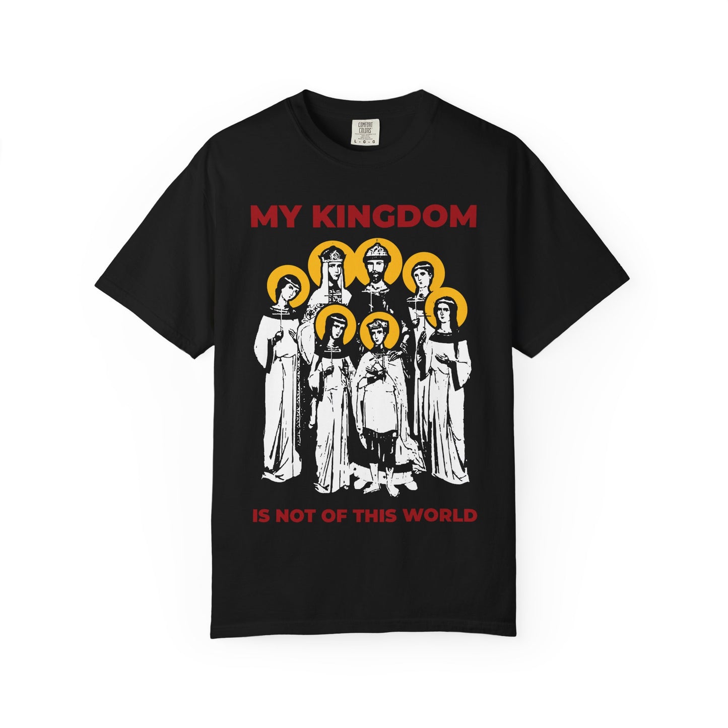 Black heavyweight cotton tee featuring an illustration of holy figures and red “MY KINGDOM IS NOT OF THIS WORLD” text above and below—a design inspired by the spiritual legacy of Orthodox Russia’s imperial family, dedicated to the Romanov Royal Martyrs and Tsar Nicholas II.