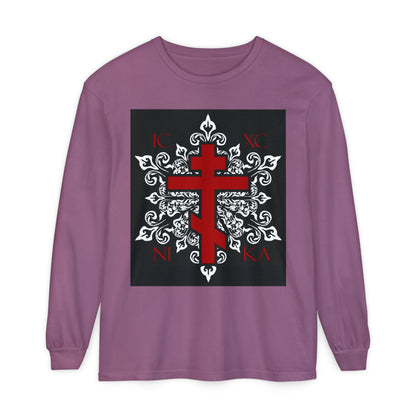ICXC / NIKA Red Orthodox Cross on Ornate White Medieval Floral Design | Exclusive Best-Selling | Orthodox Christian Long Sleeve Shirt
