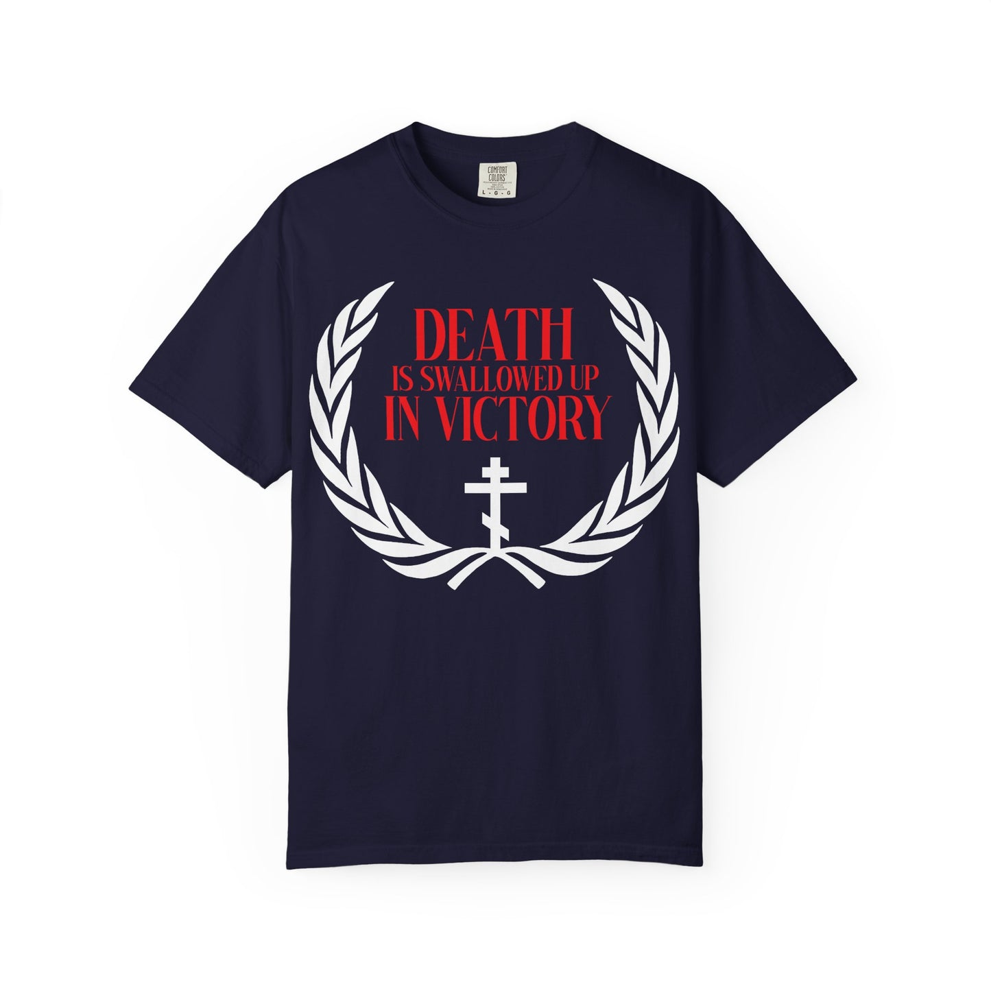 Introducing the Death is Swallowed Up In Victory (1 Cor 15:54) heavyweight cotton t-shirt in True Navy, featuring red and white text and a laurel victory wreath with an Orthodox cross—a design symbolizing incorruption and immortality.
