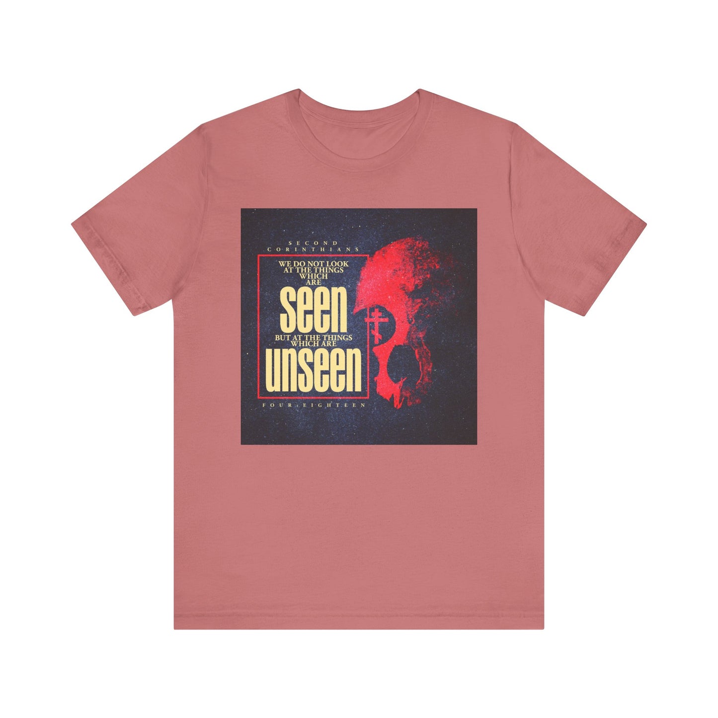 Mauve "We Do Not Look At the Things Which Are Seen (St. Paul)" T-shirt featuring a red skull and Orthodox cross with a textured design, inspired by themes from 2 Corinthians about the "eternal weight of glory." Made from lightweight cotton, this unisex Christian tee displays bold lettering and symbolic artwork.