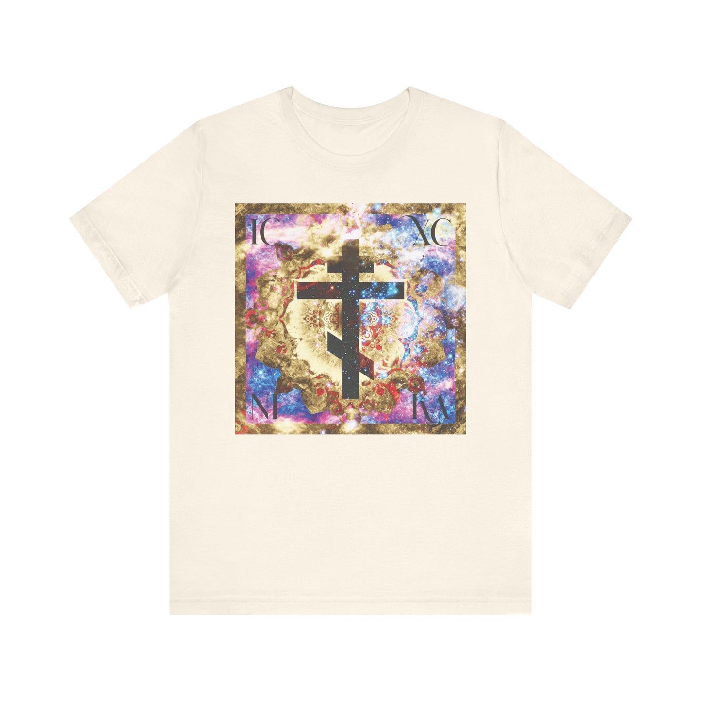 Natural cotton unisex T-shirt featuring a gold and blue, cosmic-textured Orthodox Christian cross (ICXC NIKA) at the center, symbolizing the power of the Cross and deliverance from evil.