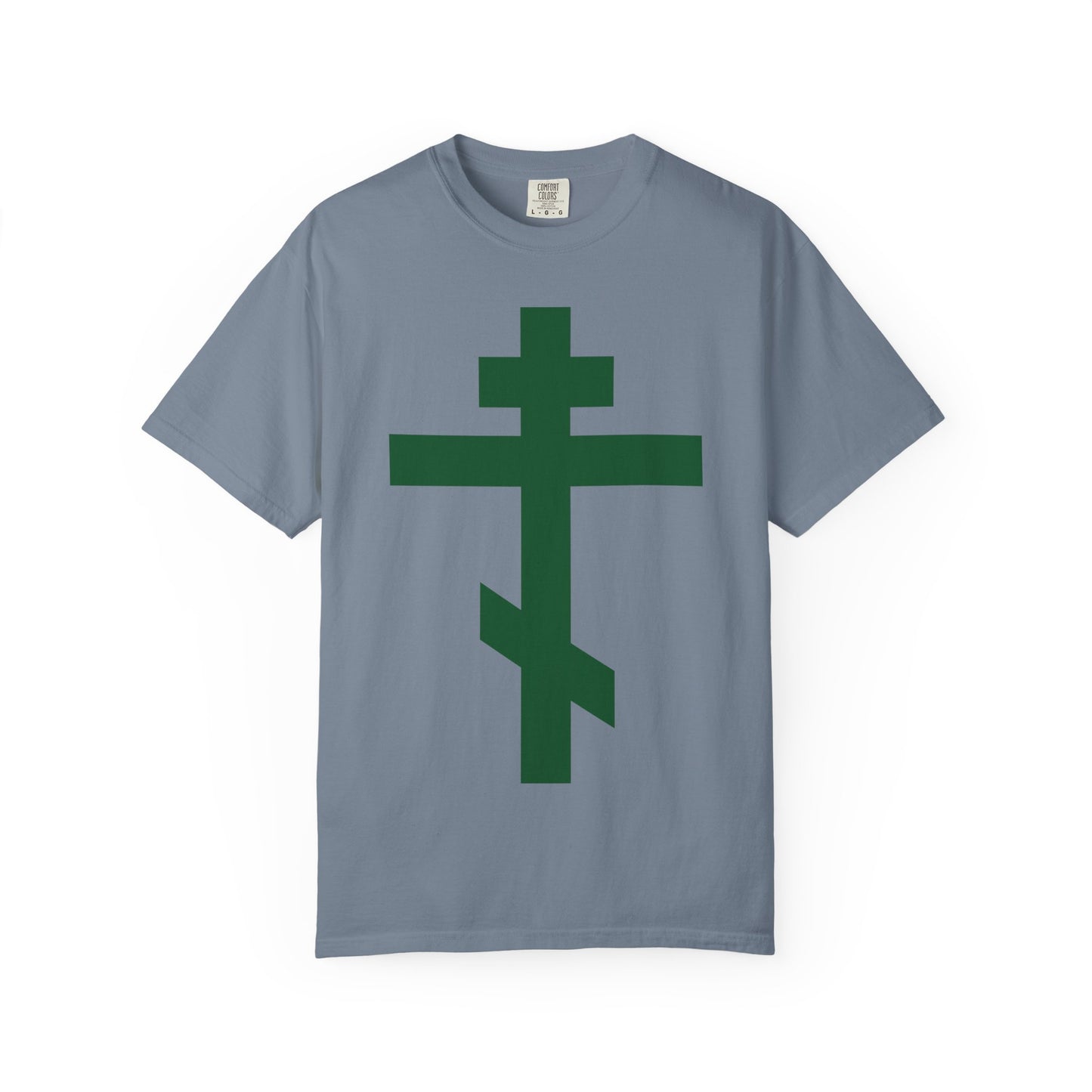 Blue Jean heavyweight cotton unisex tee showcasing a large forest green Orthodox tribar cross on the front, inspired by the enduring symbolism of “Preserve Thy People By Thy Cross, O Lord” from the Troparion.