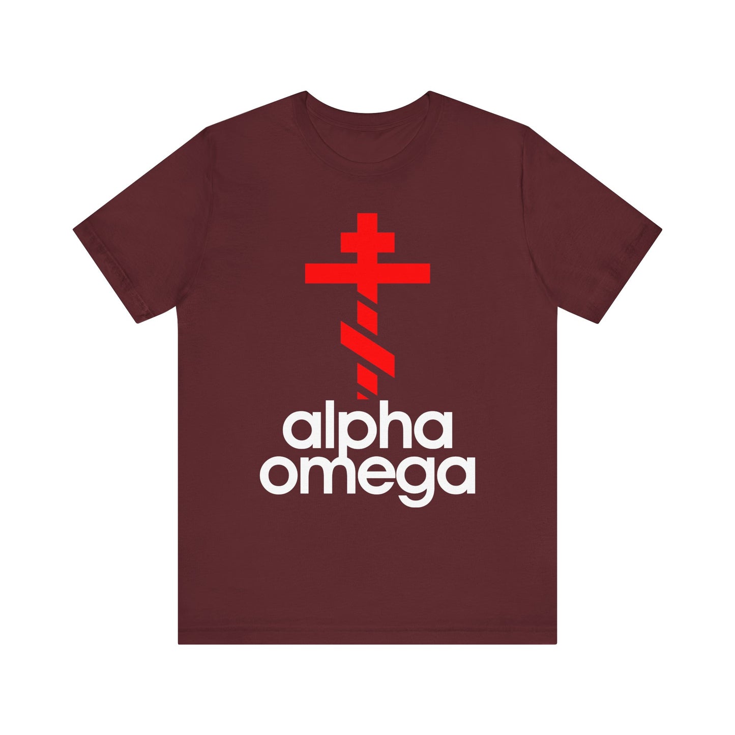 Maroon Alpha & Omega Red Orthodox Cross Tee—features a large, minimalist Adidas-inspired Orthodox cross above "Alpha Omega" in bold white letters; lightweight cotton unisex design.