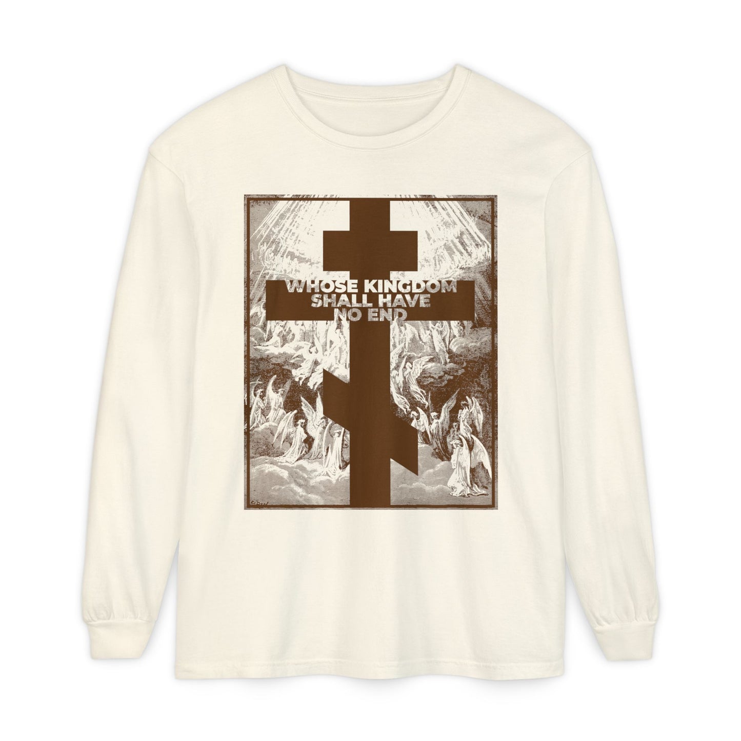 The Whose Kingdom Shall Have No End Orthodox Long Sleeve in ivory features a Gustave Dore etching, cross, and Nicene Creed-inspired text—a stylish tribute to enduring Christian faith.