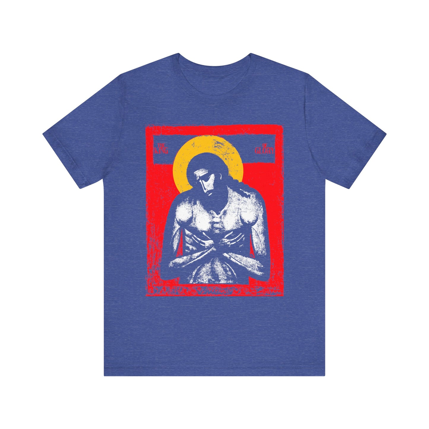 The King of Glory Jesus Christ "Extreme Humility" IconoGraphic unisex tee in Heather True Royal features a haloed Christ on a red background, perfect for Christian devotion. Lightweight cotton for comfort.