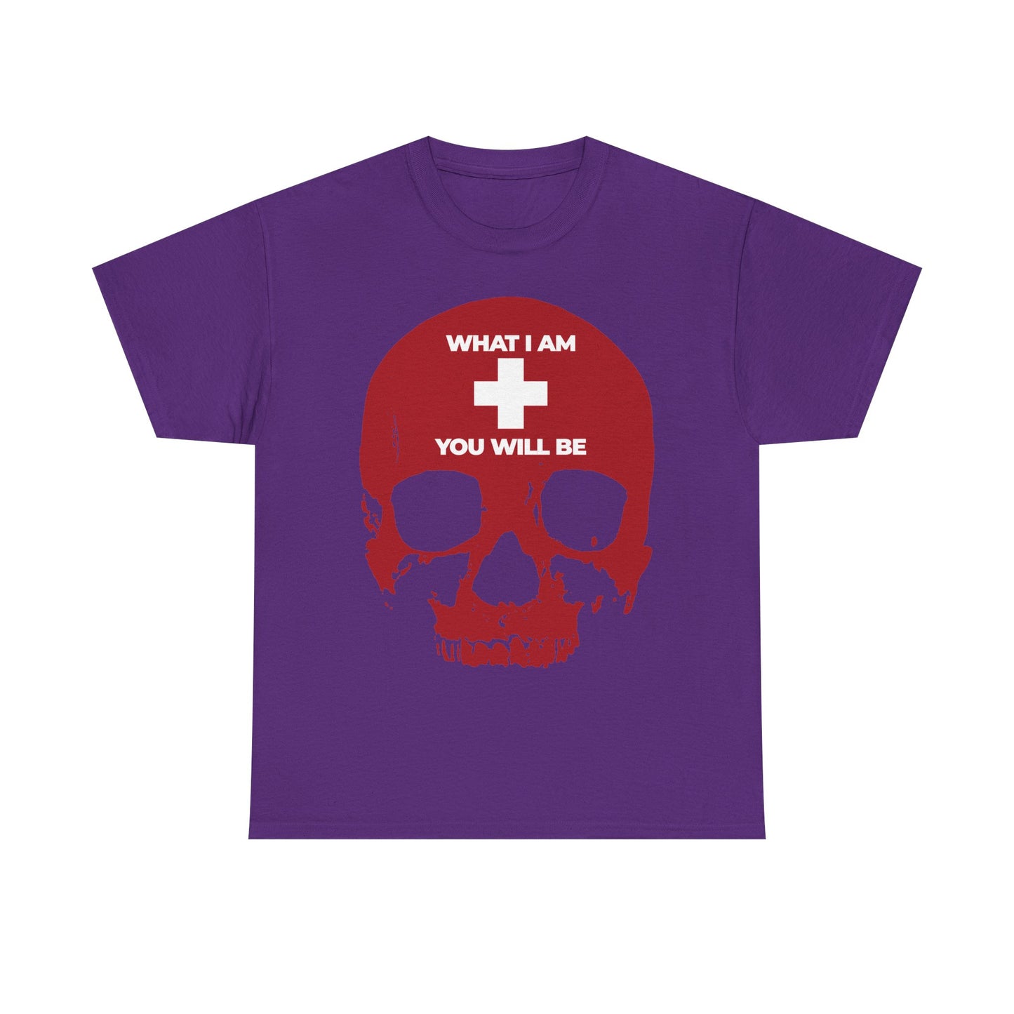 Show your faith and reflect on life’s ultimate truths with the "What I Am You Will Be White Cross on Red Skull" Orthodox Christian tee—a bold purple shirt featuring a striking red skull, white cross, and the powerful message: WHAT I AM YOU WILL BE. Inspired by Memento Mori, Ecclesiastes 12:8-14, and timeless preacher wisdom to Fear God.