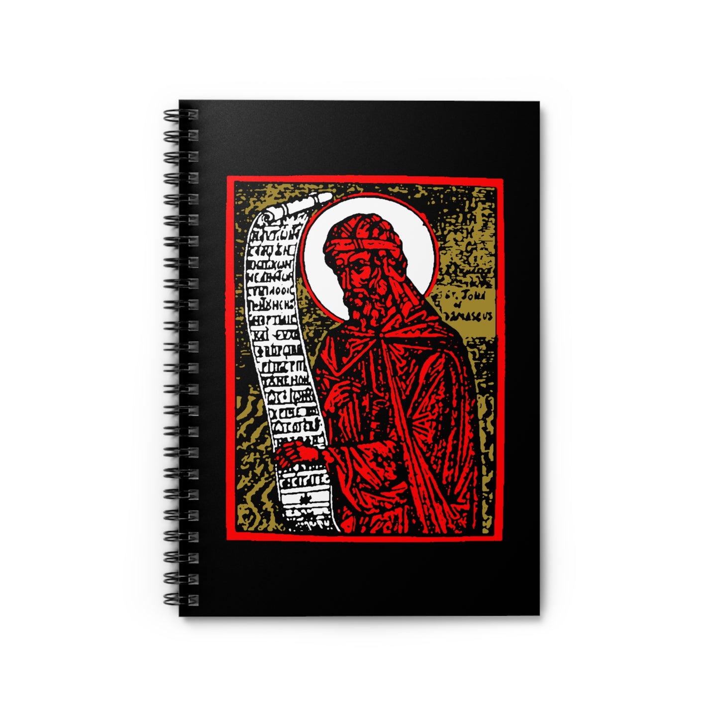 The "St. John of Damascus Icono-Graphic" spiral notebook features a bold red-gold-black design of the saint—ideal for recording notes on Orthodox funeral hymns or Stichera for the Dead.