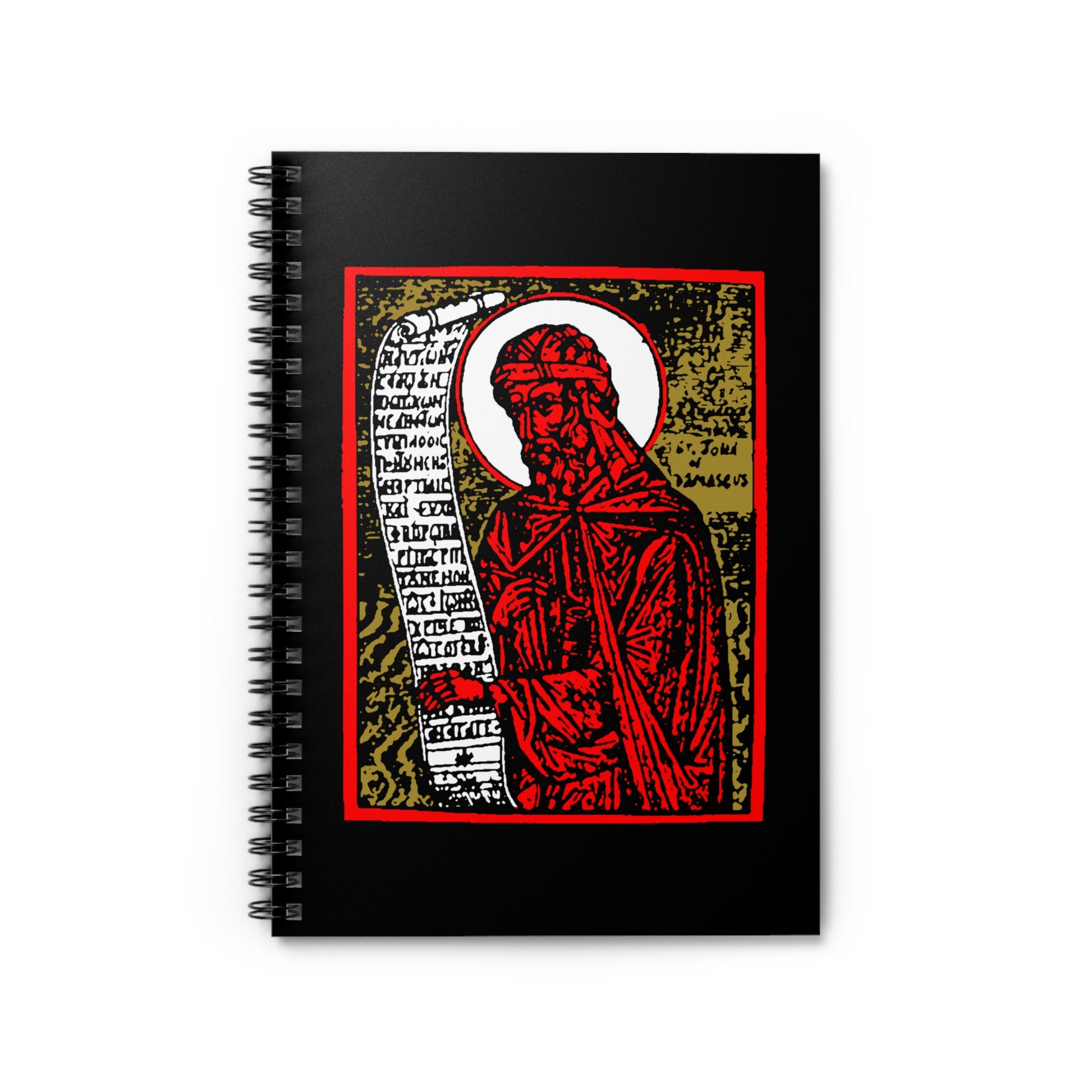 The "St. John of Damascus Icono-Graphic" spiral notebook features a bold red-gold-black design of the saint—ideal for recording notes on Orthodox funeral hymns or Stichera for the Dead.