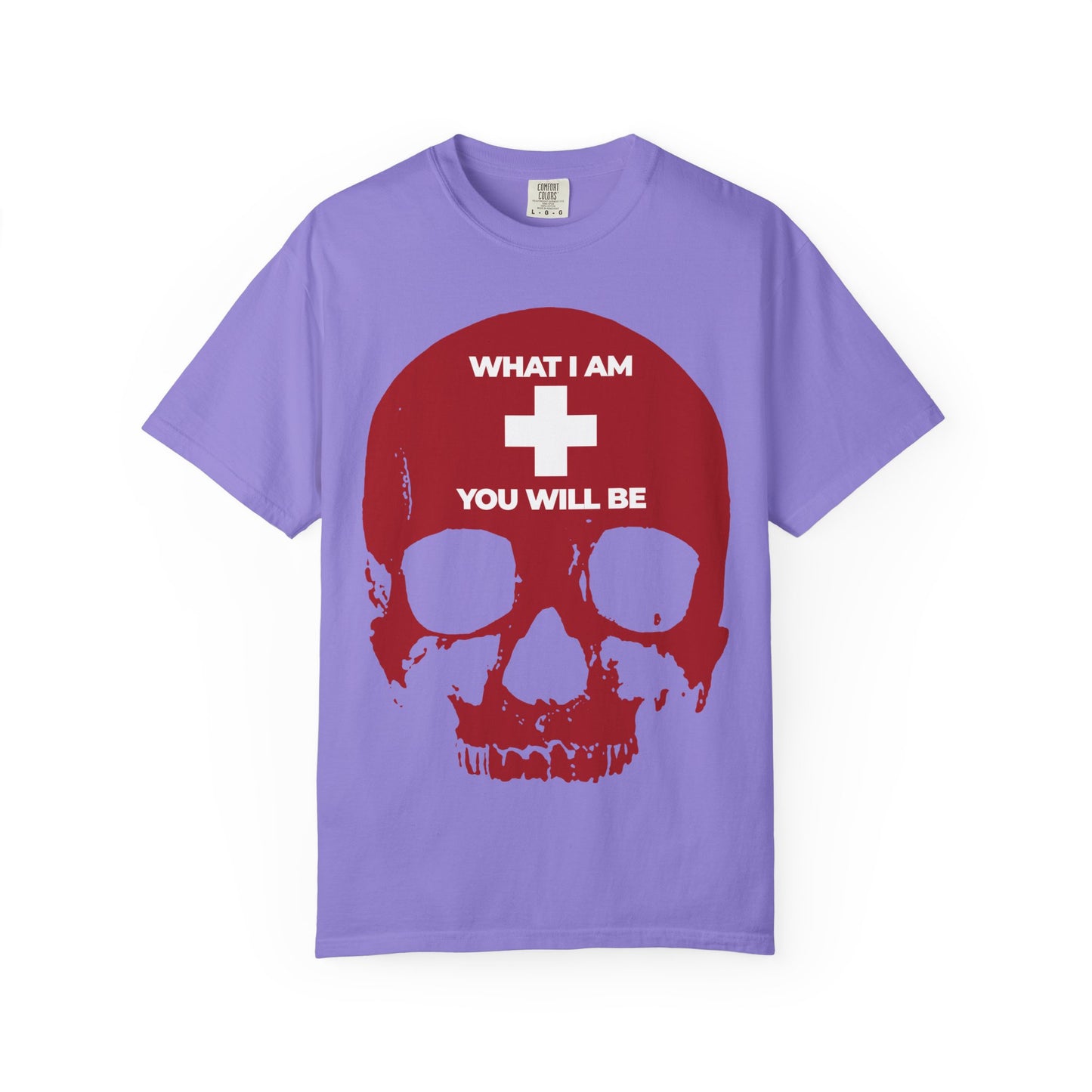 Violet heavyweight cotton unisex tee featuring a red skull with a white cross and the inscription “What I Am You Will Be”—a memento mori inspired by Orthodox Christian tradition and the wisdom of Ecclesiastes.