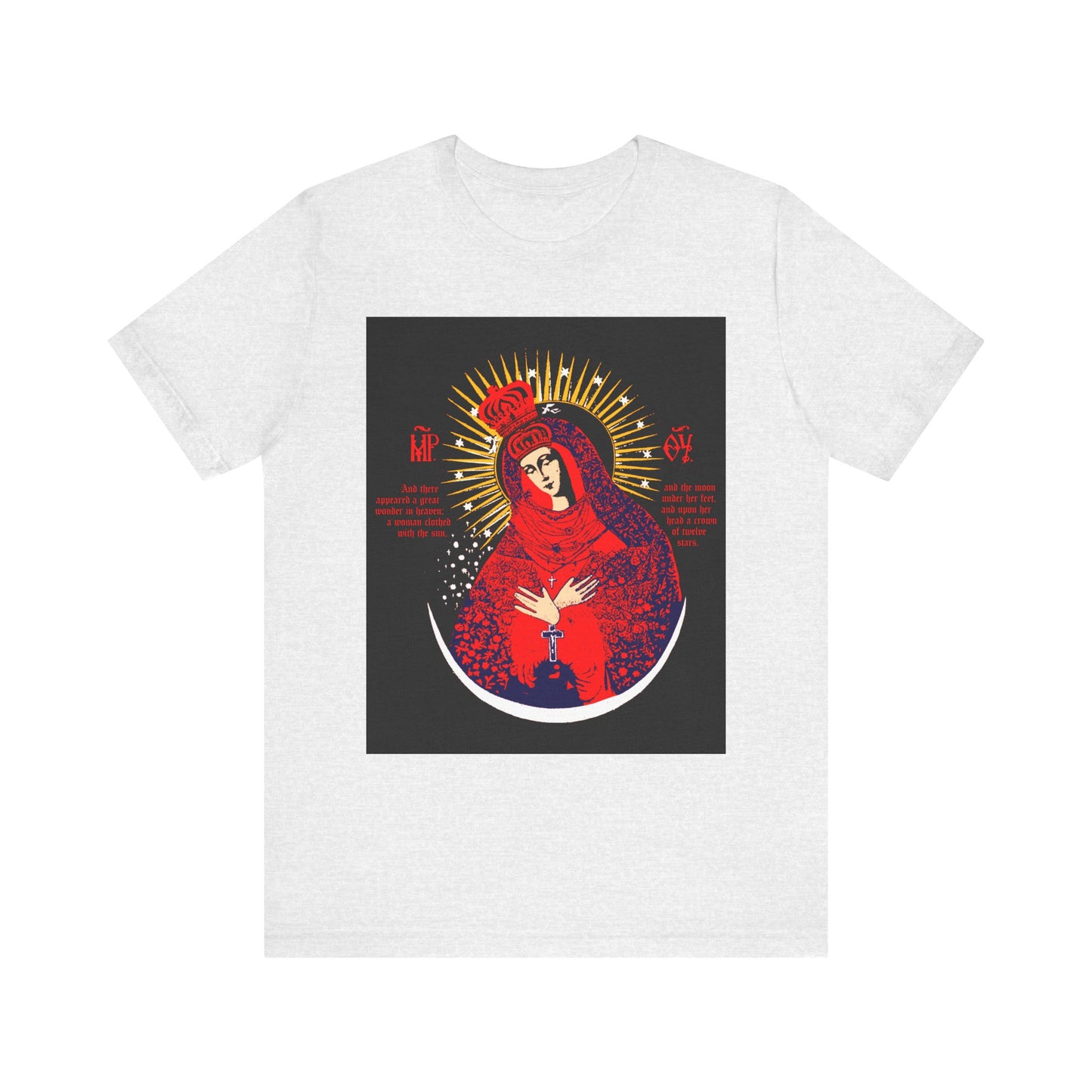 Ash lightweight cotton unisex T-shirt with a striking red and gold icon-style illustration of Our Lady the Gate of Dawn on the front, inspired by the famous Vilnius icon.