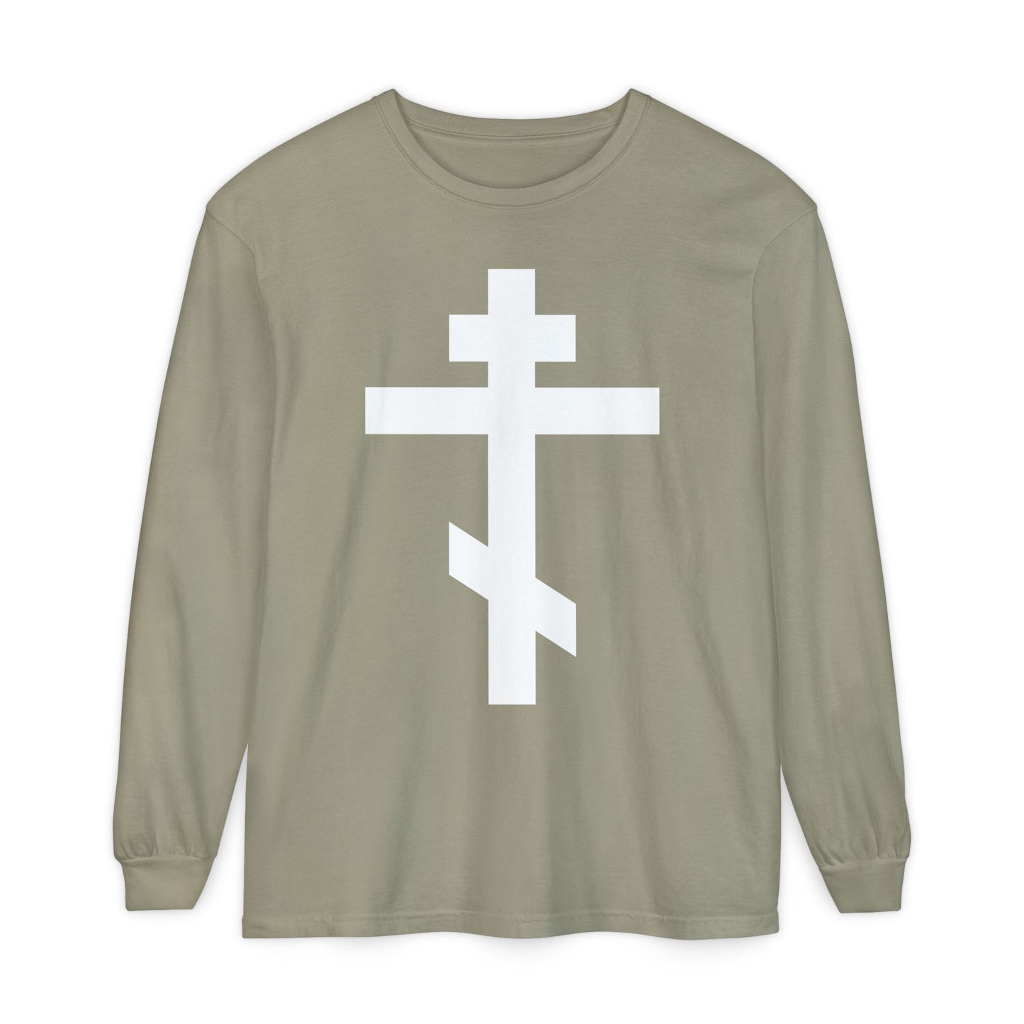 Olive long-sleeve shirt with a large white Orthodox cross on the front and "May I never boast, except in the cross of our Lord Jesus Christ" (Gal 6:14).