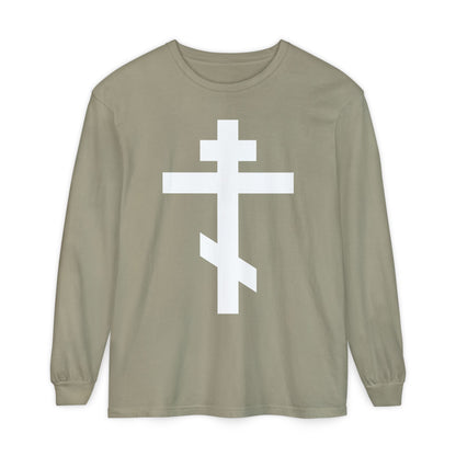 Olive long-sleeve shirt with a large white Orthodox cross on the front and "May I never boast, except in the cross of our Lord Jesus Christ" (Gal 6:14).