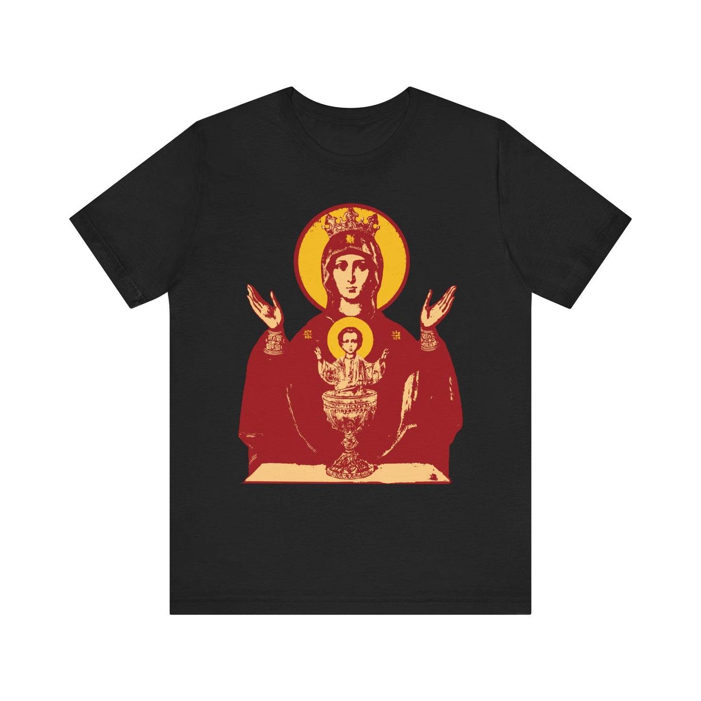 Black lightweight cotton unisex t-shirt featuring a stylized graphic of the Holy Theotokos, inspired by the Inexhaustible Chalice—Deliverer from Addictions and Conqueror of Passions.