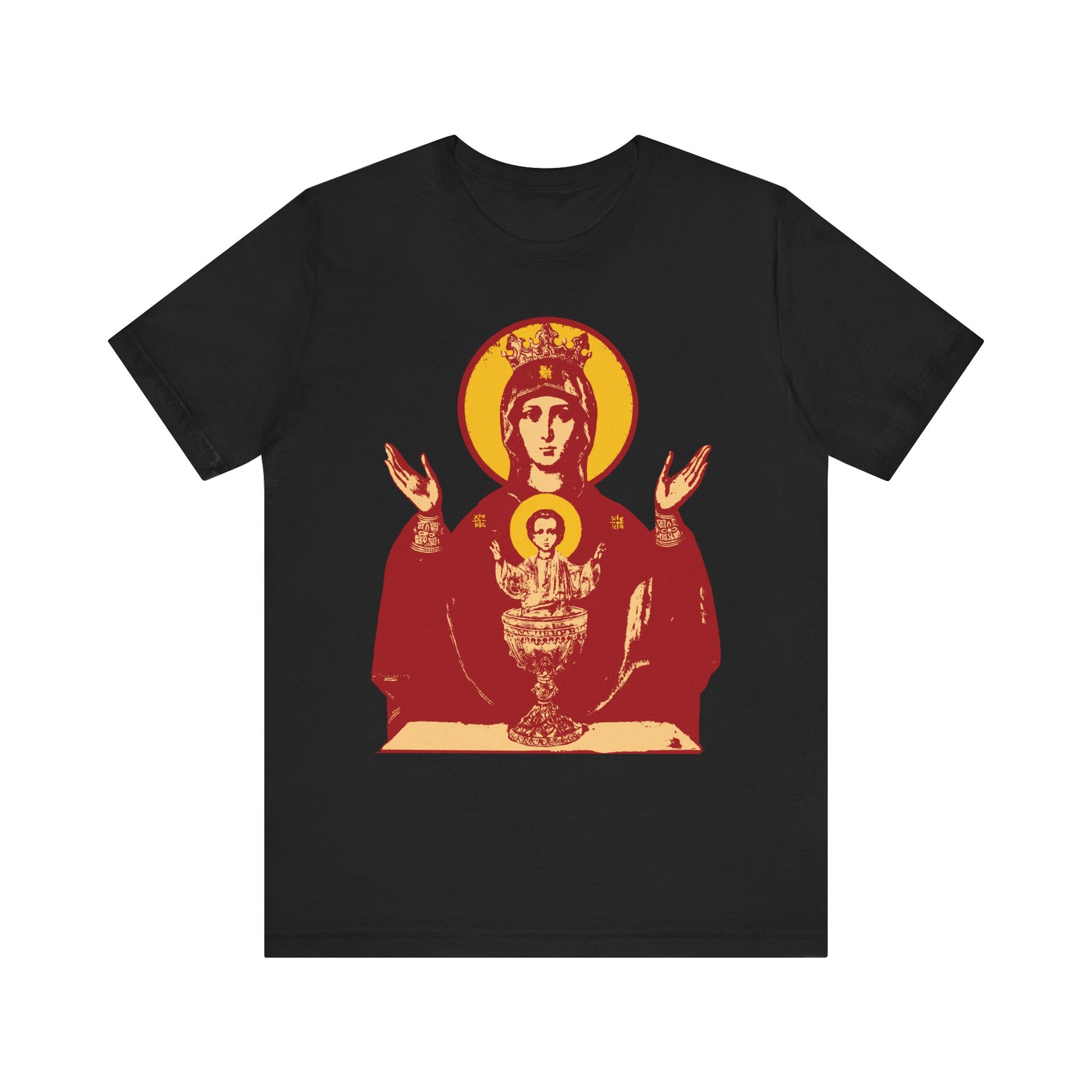 Black lightweight cotton unisex t-shirt featuring a stylized graphic of the Holy Theotokos, inspired by the Inexhaustible Chalice—Deliverer from Addictions and Conqueror of Passions.