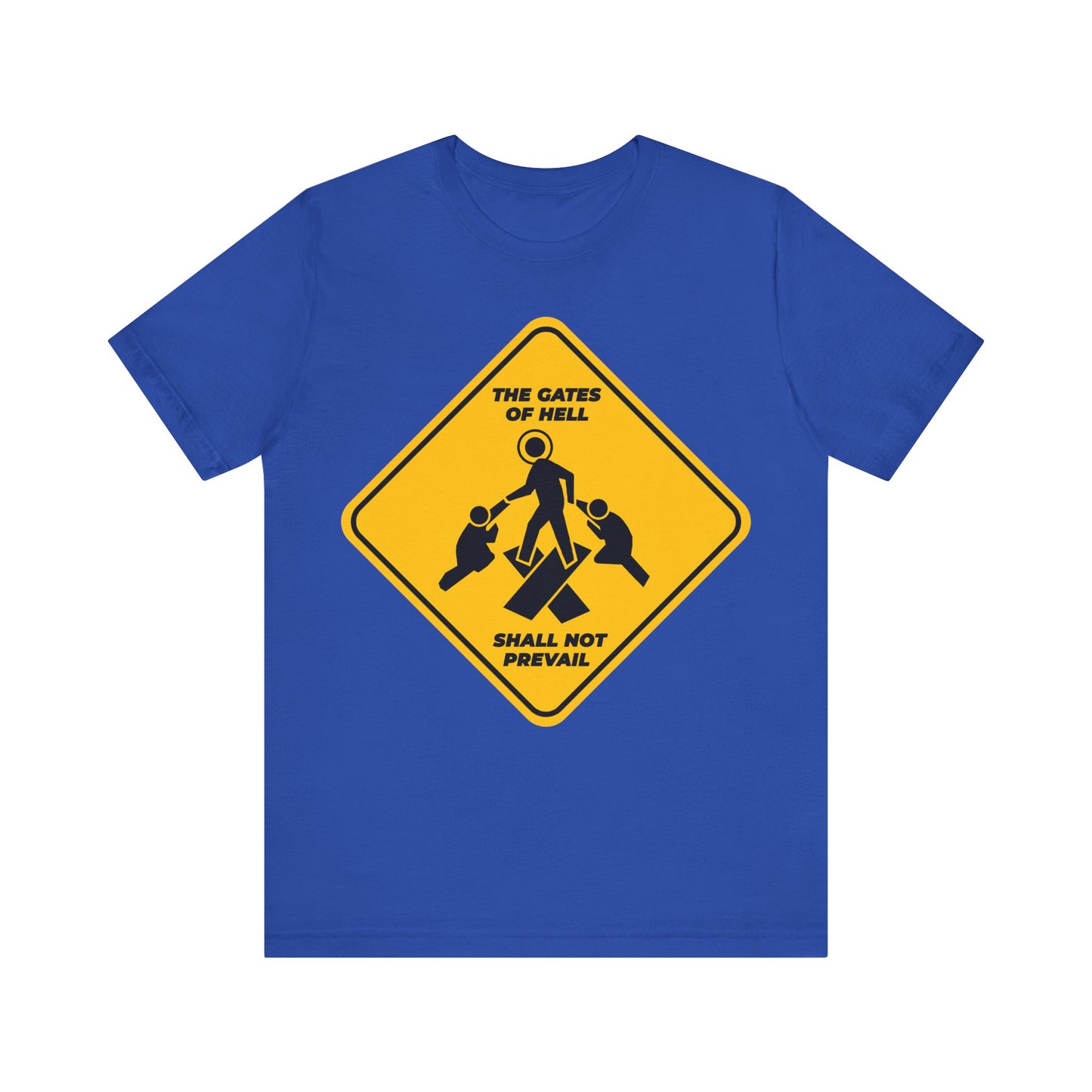 Gates of Hell Shall Not Prevail | Yellow Street Sign Minimalist Pascha Icon | Trampling Down Death By Death | Lightweight Cotton Unisex Tee