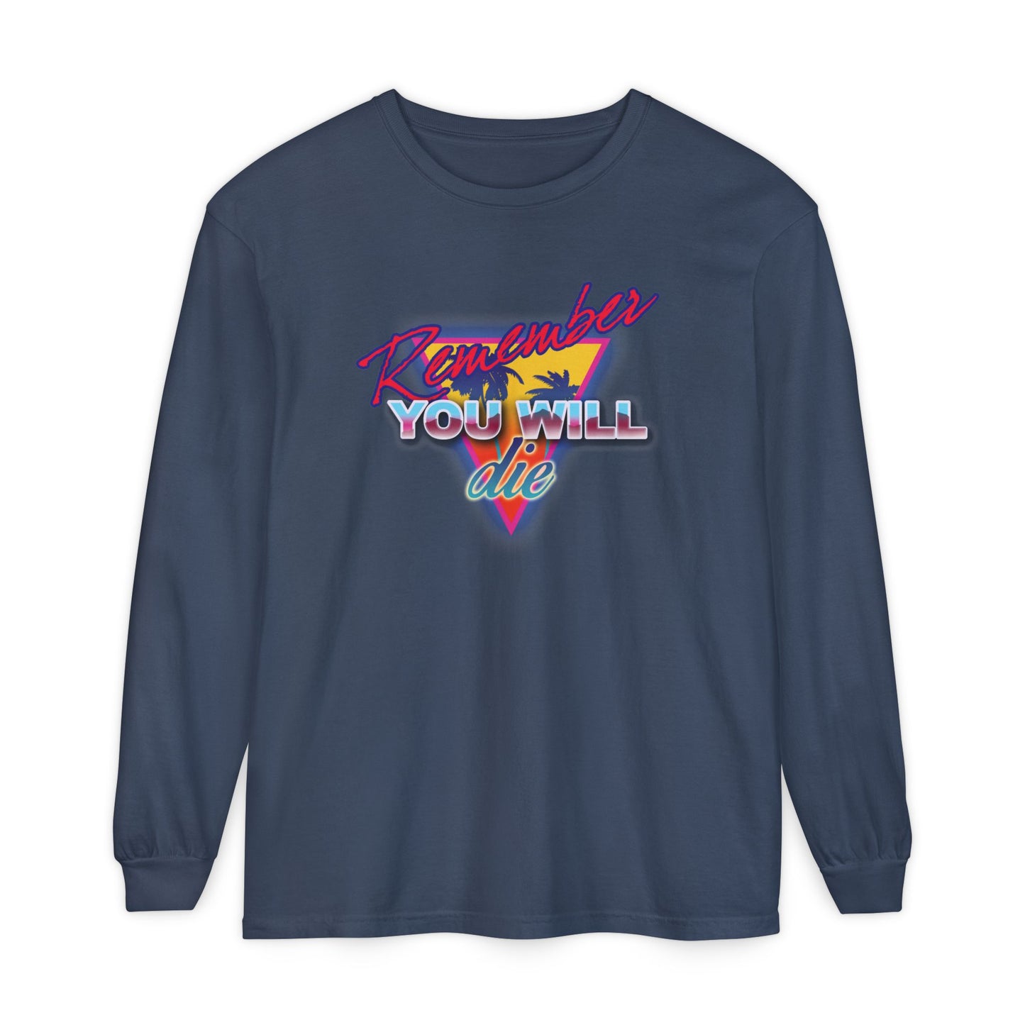 Midnight long-sleeve cotton shirt featuring "Remember You Will Die" with palm trees in 80s retro synthwave style, inspired by Memento Mori and the Orthodox tradition found in St. John Climacus’s Ladder of Divine Ascent.