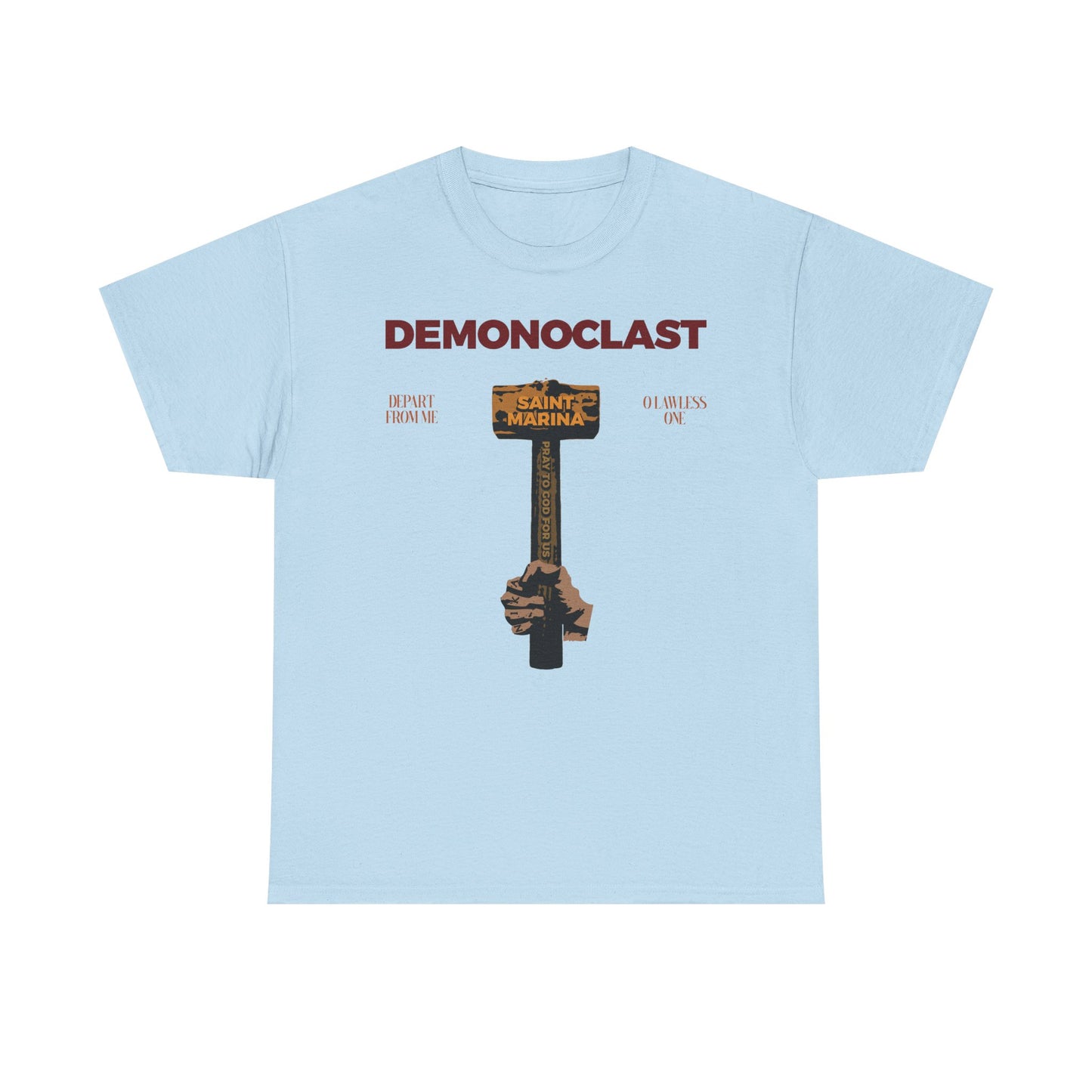 Light blue Demonoclast | St. Marina's Hammer tee featuring "Christ Conquers" and NIKA fist graphic honoring the martyrdom of St. Marina, crafted from midweight cotton. Unisex Orthodox design inspired by unseen warfare and faith.
