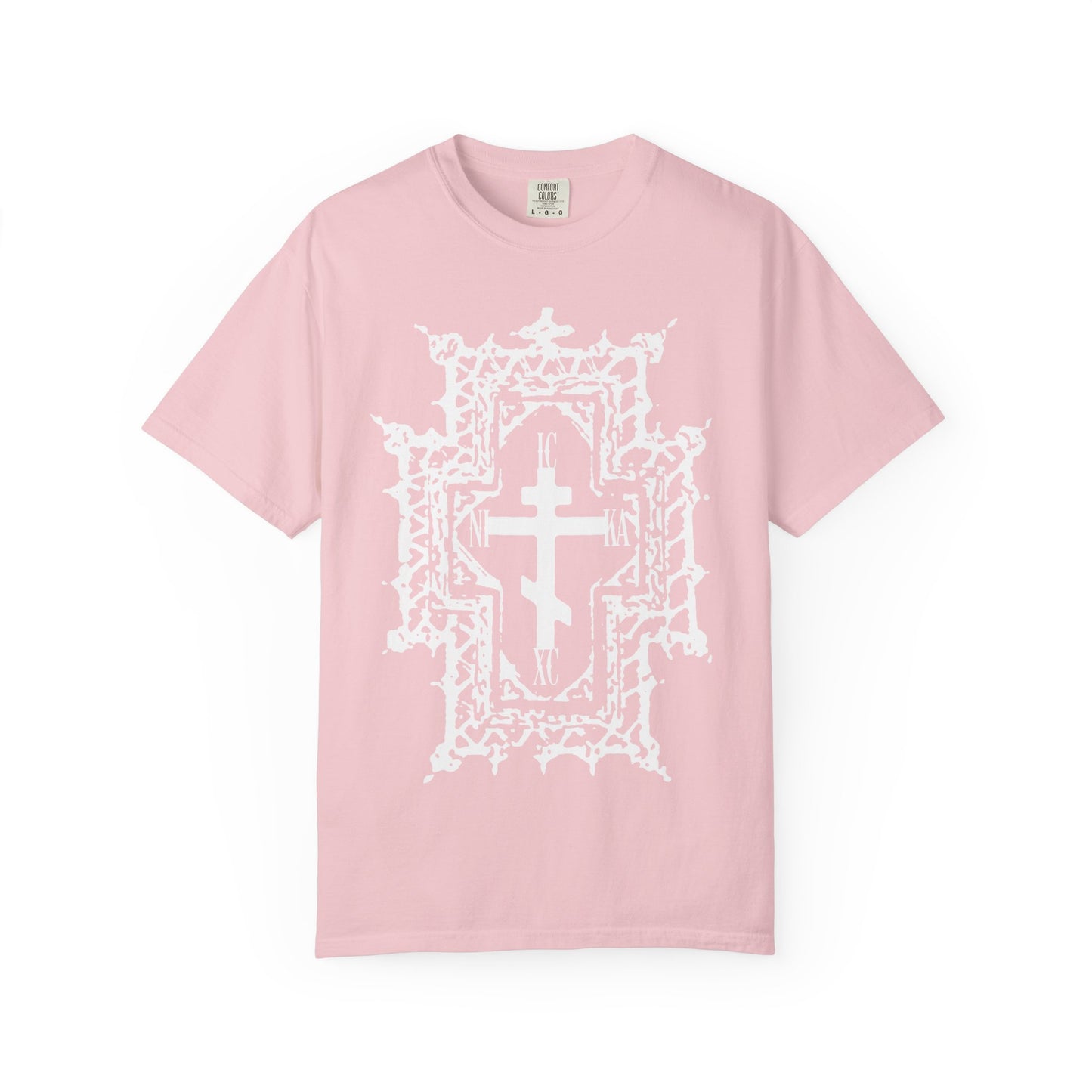 Blossom ICXC NIKA | Jesus Christ Conquers heavyweight cotton unisex tee featuring a large white Gothic Cathedral style Orthodox cross on the front, representing Jesus’ sufferings and the crown of thorns.
