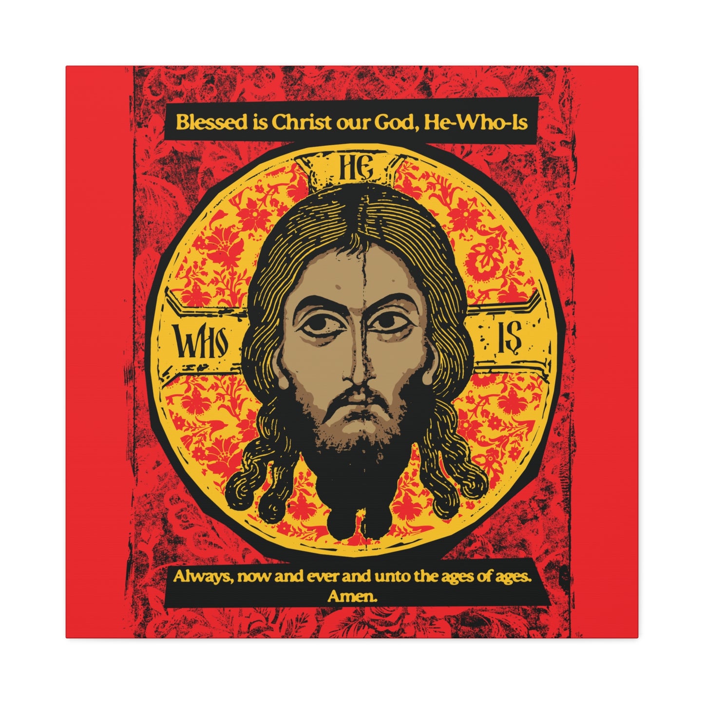 Remembrance of Death “Made Without Hands (Mandylion/Image of Edessa)” Christian canvas wall art features a stylized Jesus Christ icon with long hair and a beard, centered on a red, black, and yellow background. Orthodox hymn, Troparion Tone 2, is included.