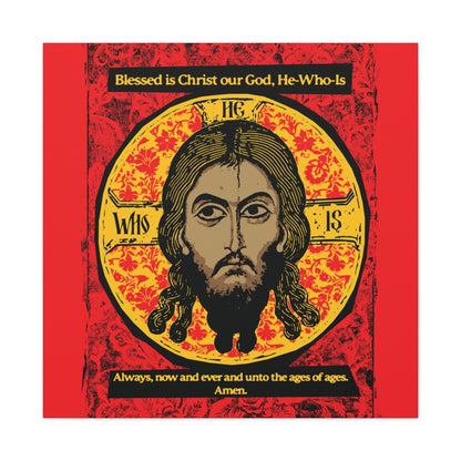Remembrance of Death “Made Without Hands (Mandylion/Image of Edessa)” Christian canvas wall art features a stylized Jesus Christ icon with long hair and a beard, centered on a red, black, and yellow background. Orthodox hymn, Troparion Tone 2, is included.