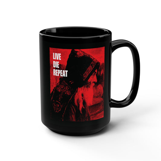 Black mug featuring “Monk” by Mikhail Nesterov, with the quote “Die Every Day, and You Will Live Forever.” Inspired by ascetic Christianity and Orthodox tradition—perfect for daily motivation.