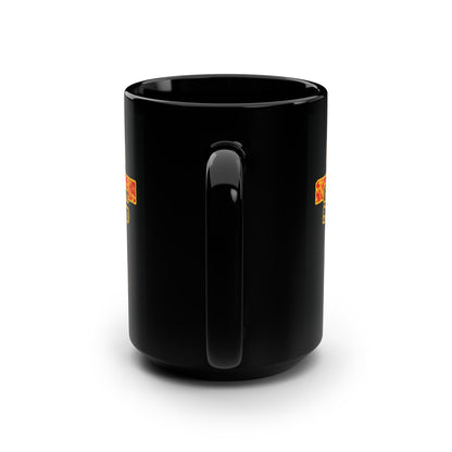 Black ceramic mug with handle, shown from the back on white background, featuring the "Every Knee Shall Bow" design with Isaiah 45:22-24 & Phil 2:7-11, gold and red floral Orthodox cross, and gothic lettering.