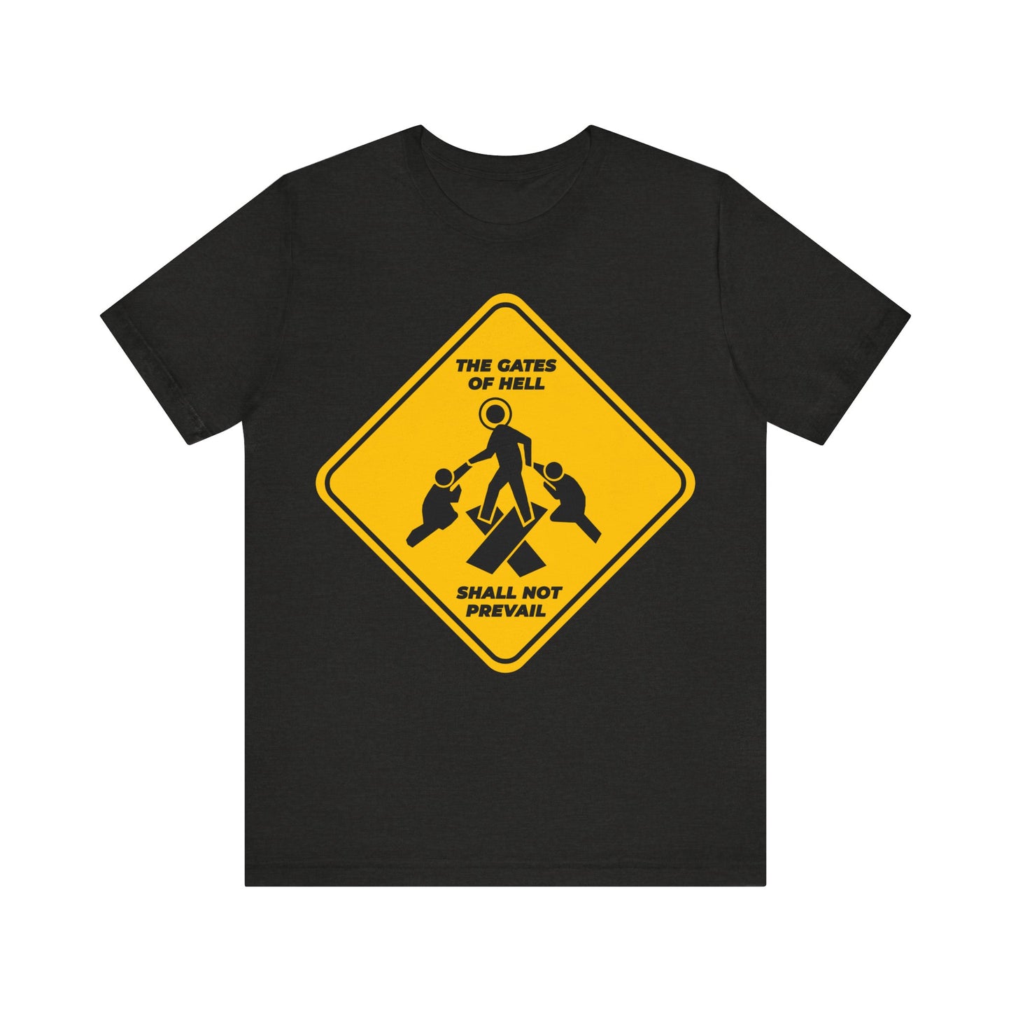Gates of Hell Shall Not Prevail | Yellow Street Sign Minimalist Pascha Icon | Trampling Down Death By Death | Lightweight Cotton Unisex Tee