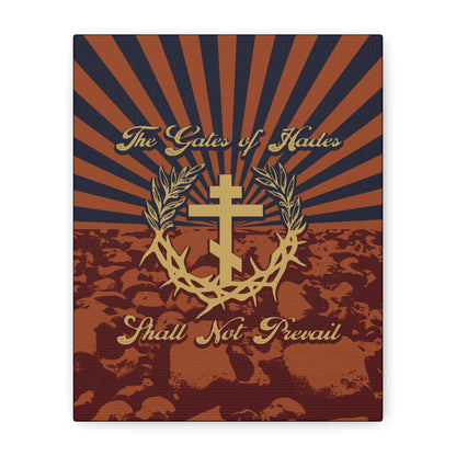 The Gates of Hades Shall Not Prevail | Cross with Wreath & Crown of Thorns | Skulls and Rays | Orthodox Christian Canvas Art