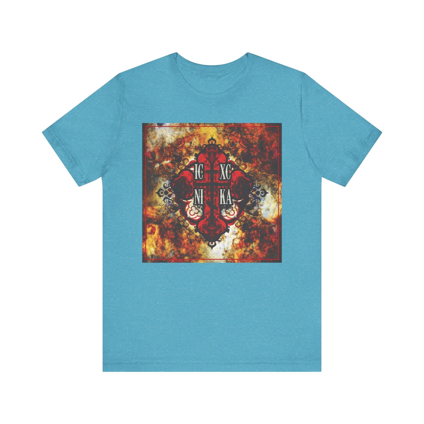 Heather Aqua unisex lightweight cotton tee featuring a bold, textured red Orthodox cross (ICXC NIKA) set against a fiery, abstract background—design inspired by St Ambrose of Optina's teaching to keep Jesus in your heart and guard against unclean thoughts.