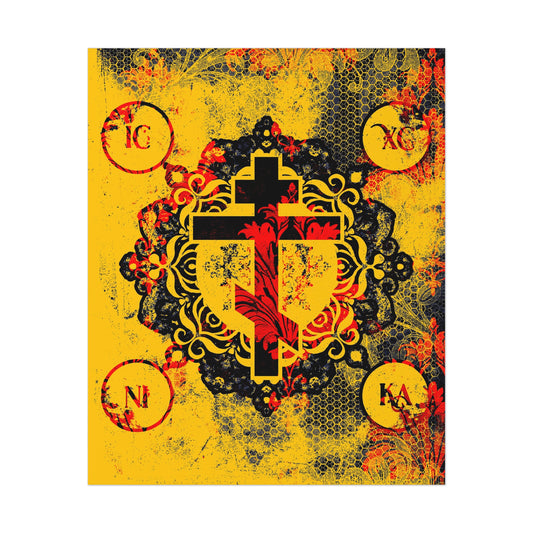 IC XC NIKA Orthodox Cross | Yellow & Red Modern & Medieval Textured Floral Design | Orthodox Christian Art Poster
