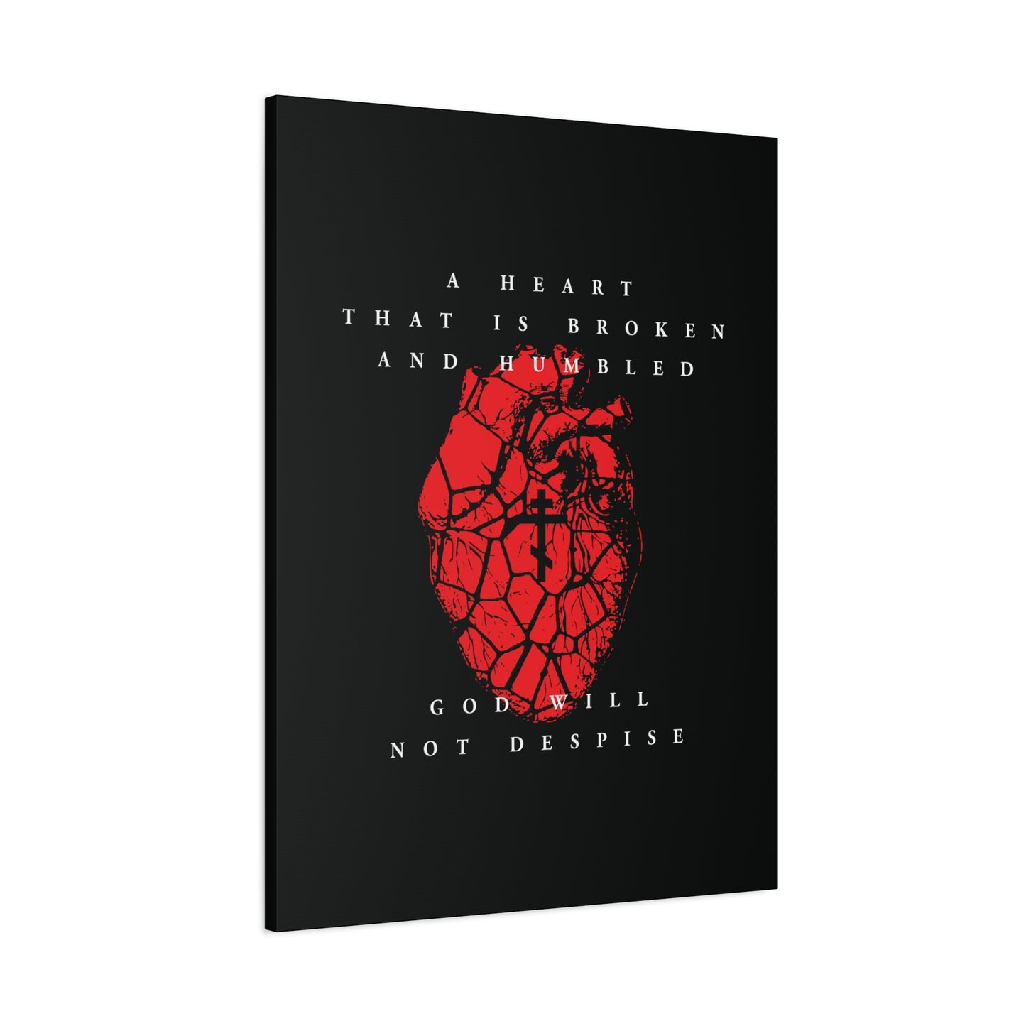 A Heart That is Broken and Humbled God Will Not Despise: Christian canvas art featuring a cracked red heart with Orthodox cross, inspired by Psalm 51’s message of repentance.