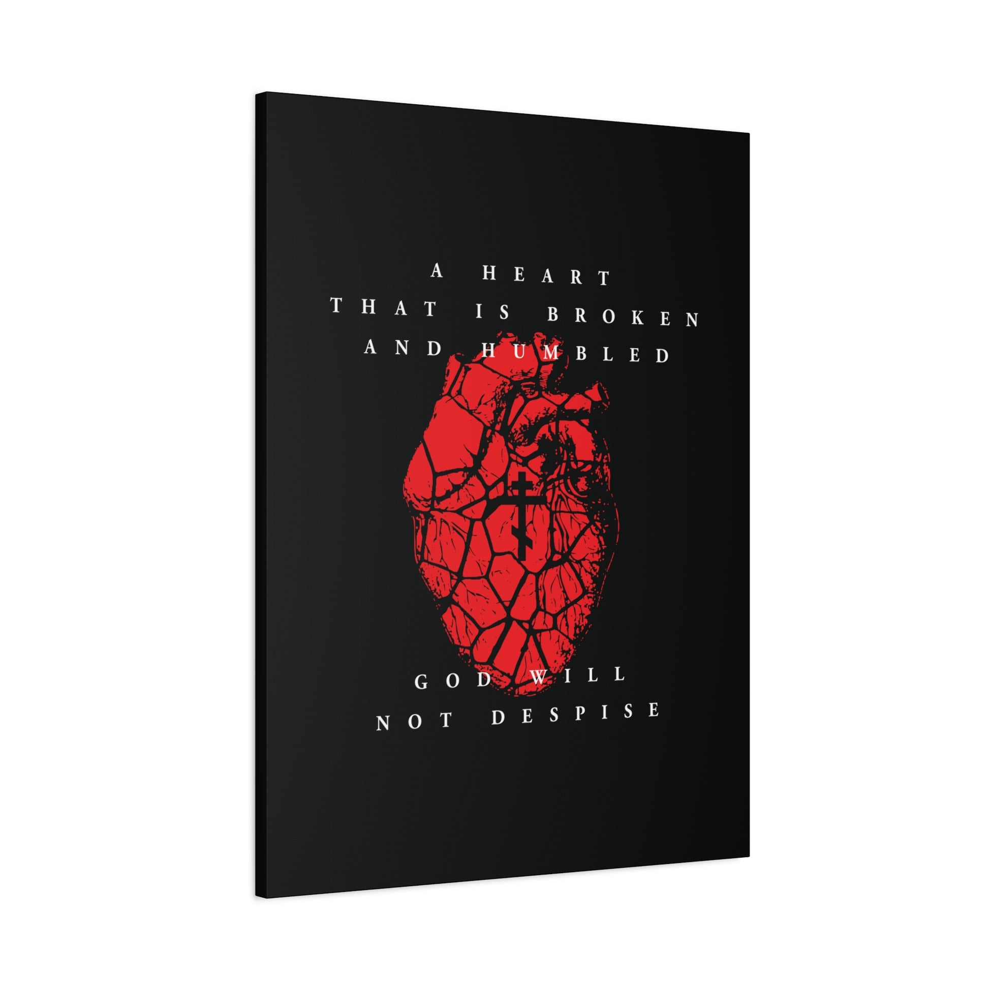 A Heart That is Broken and Humbled God Will Not Despise: Christian canvas art featuring a cracked red heart with Orthodox cross, inspired by Psalm 51’s message of repentance.